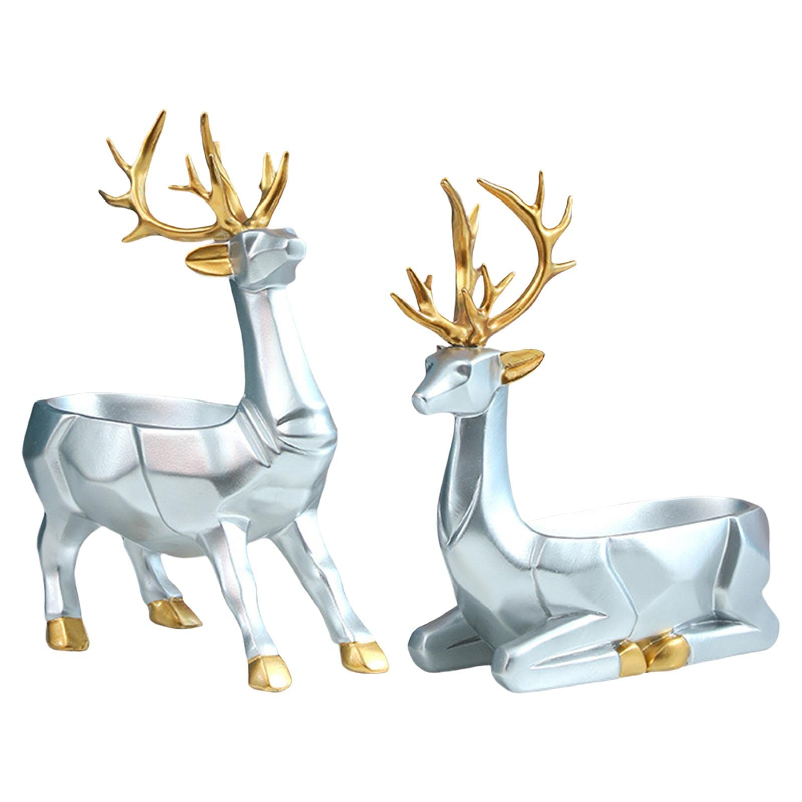 FAKEME Elk Figurine Resin Sculpture - Decorative Storage Box & Candy Bowl, Elegant Deer Statue Serving Tray for Home Decor, Nightstand, Bathroom, TV Cabinet - Perfect for Nuts, Jewelry & Small Items (Silver)