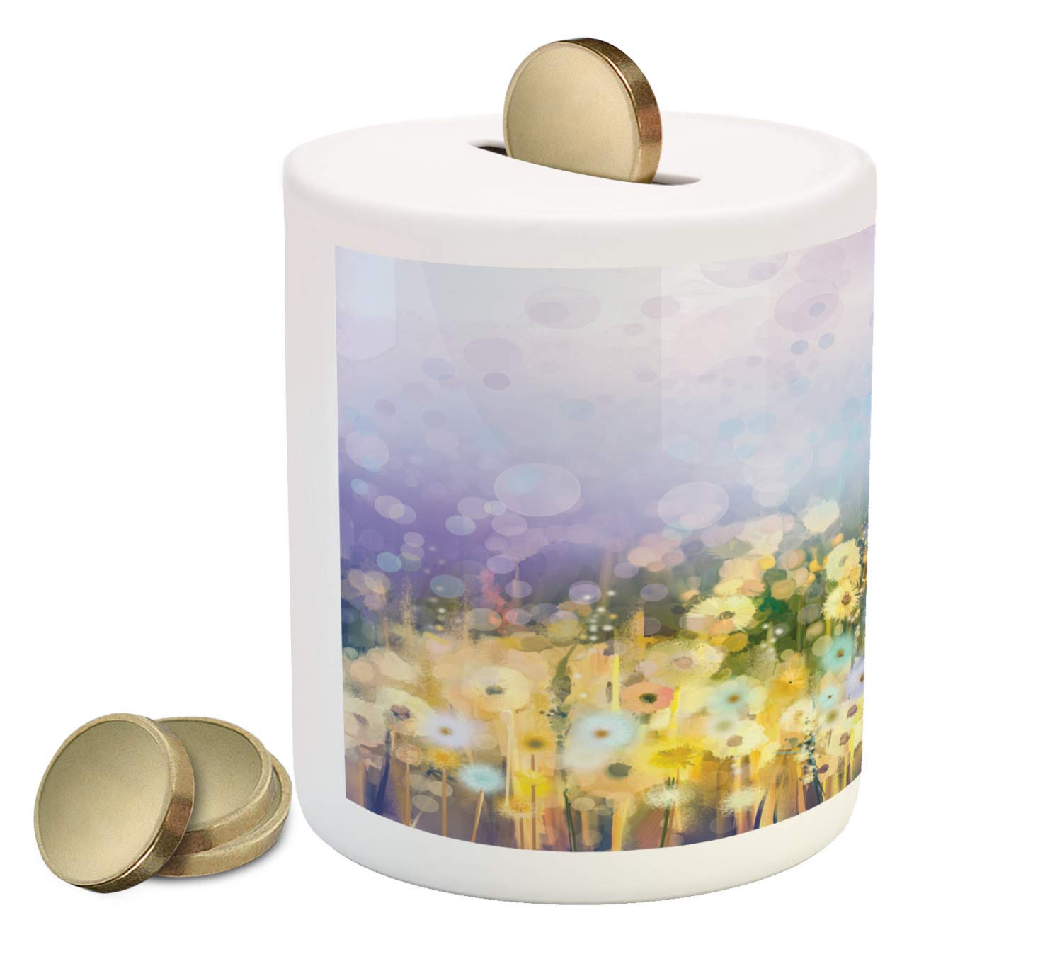 Ambesonne Ceramic Piggy Bank with Chamomile and Dandelion Field Print - Yellow & Purple Money Box for Cash Savings | Perfect Gift for Kids, Home Decor, and Coin Collectors | Ideal for Birthday Presents, Room Decor, and Teaching Children About Saving Money
