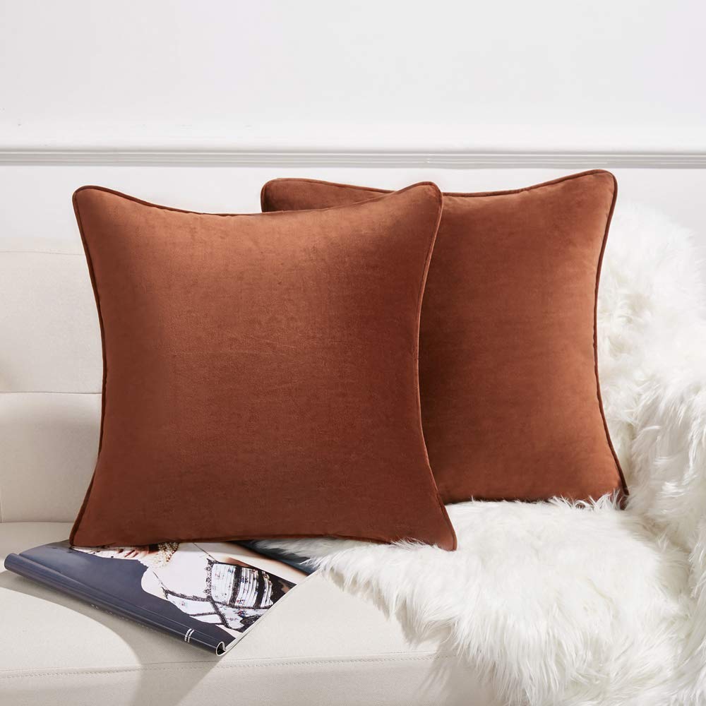 Anickal Set of 2 Brown Velvet Pillow Covers 16x16 Inch - Soft Decorative Square Throw Pillow Cases for Sofa, Couch, Bed & Living Room Decor - Luxurious Home Accent for Cozy Comfort
