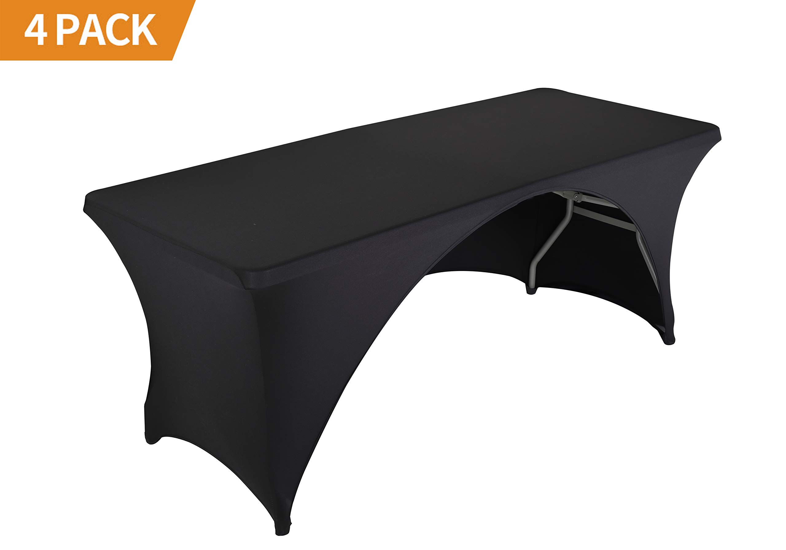 4 Pack Stretch Fitted Table Covers for 6 Foot Folding Tables - Elastic Spandex Rectangular Tablecloths for Trade Shows, Parties & Events (6FT Open Back, Black) - Perfect for Banquets, Exhibitions & Home Decor