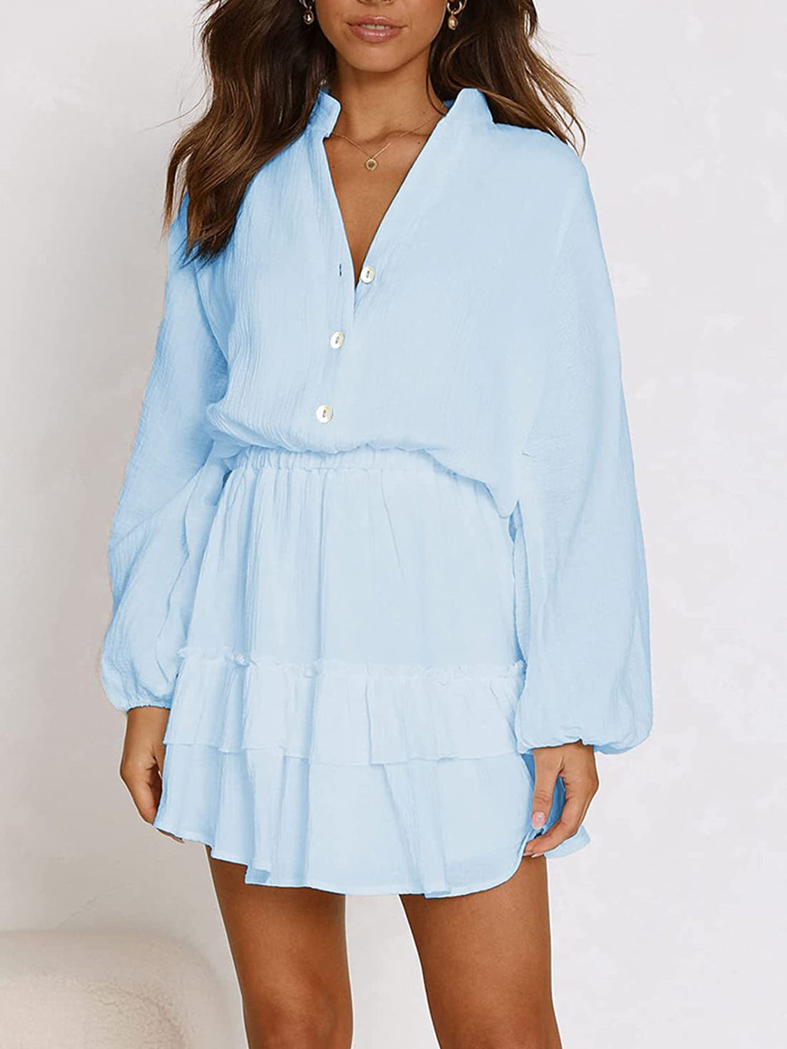Elegant Ruffled Notched Balloon Sleeve Mini Dress for Women | Flirty Party & Cocktail Outfit | Perfect for Date Night, Club Wear & Special Occasions