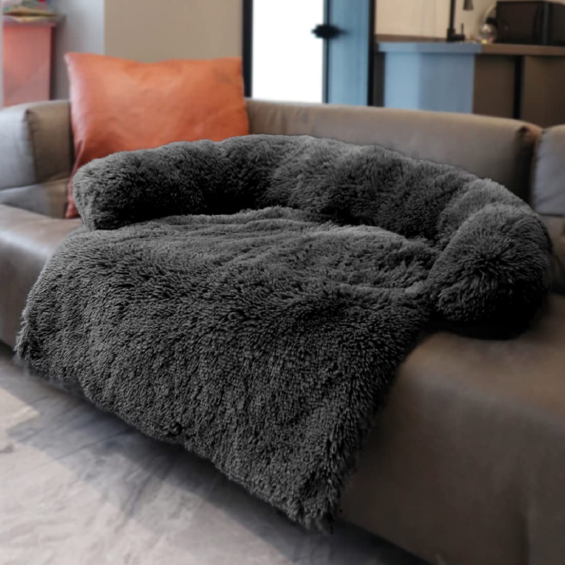 Calming Plush Dog Bed with Memory Foam Neck Bolster - Machine Washable Pet Couch Protector, Universal Sofa Bed Cover for Medium Dogs (Black) - Perfect for Puppies, Senior Dogs & Pet Furniture Protection