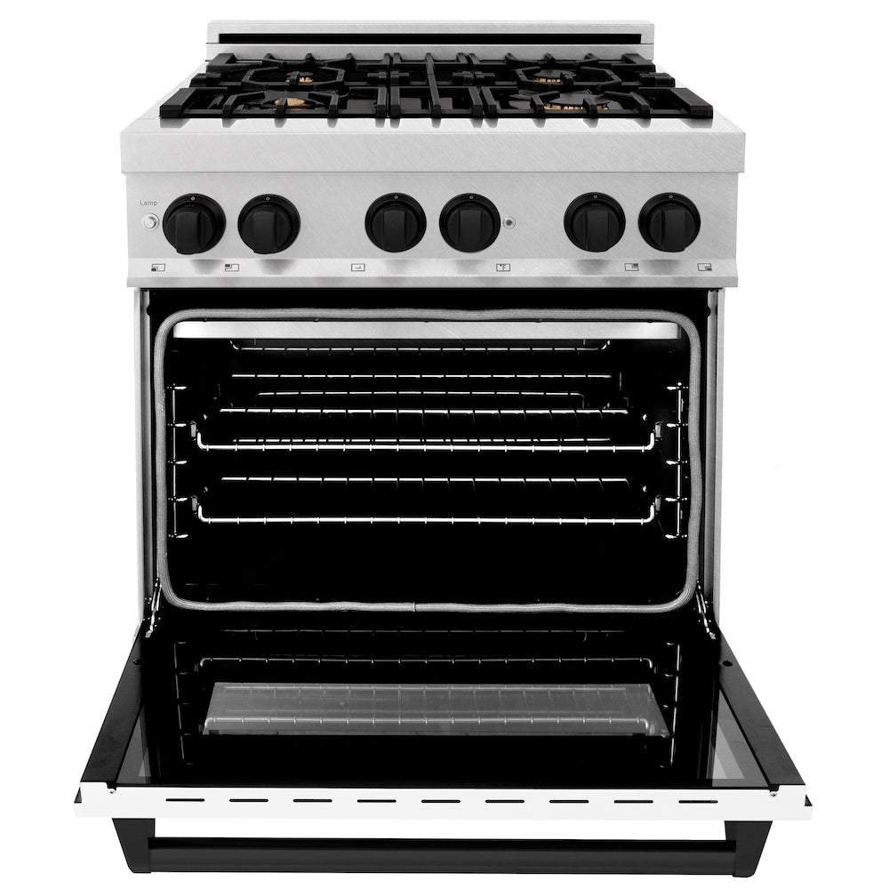 ZLINE Autograph Edition 30-inch 4.0 cu. ft. Dual Fuel Range - 4 Burner Gas Cooktop & Electric Convection Oven - Satin Stainless Steel with White Matte Door & Black Accents (RASZ WM 30 MB) - Perfect for Modern Kitchens & Professional Home Chefs