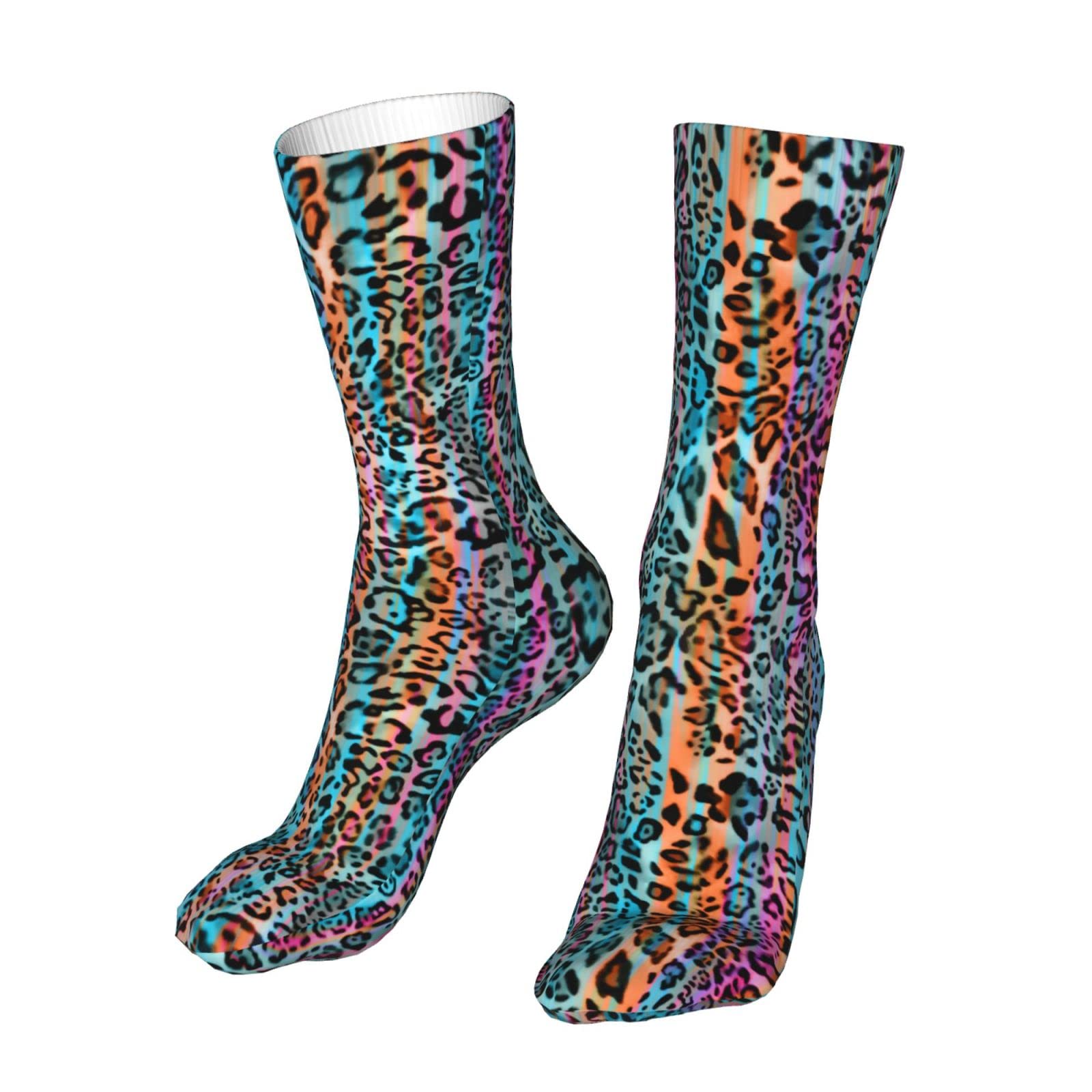 Leopard Print Striped Colorful Crew Socks for Women & Men - Novelty Sports Outdoor Casual Socks - Perfect for Running, Hiking, Gym Workouts and Everyday Fashion
