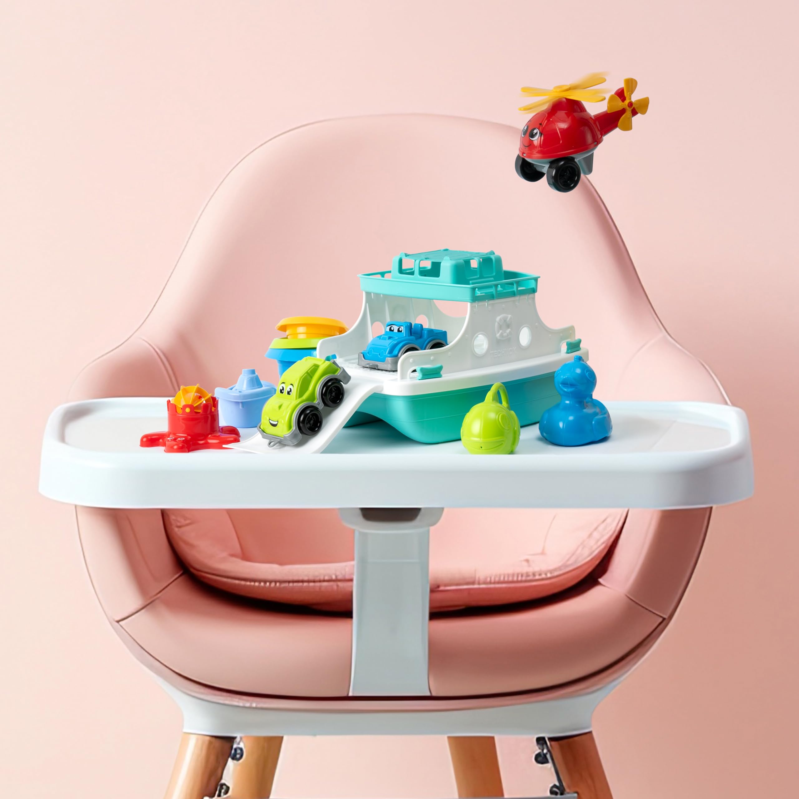 **Ferry Boat Toys Set with Helicopter & 2 Cars | Toddler Bath Toys for Boys & Girls | Stacking Cups & Water Play Boats | Fun Learning & Sensory Play for Bathtime & Pool**