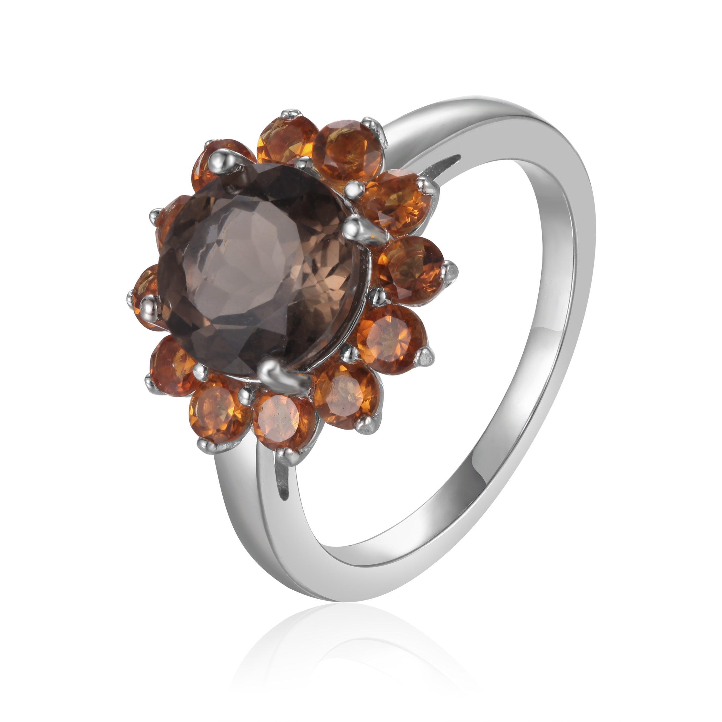 Smokey Quartz & Citrine Sunflower Ring – Elegant Bohemian Jewelry for Women | Perfect for Weddings, Parties & Everyday Wear