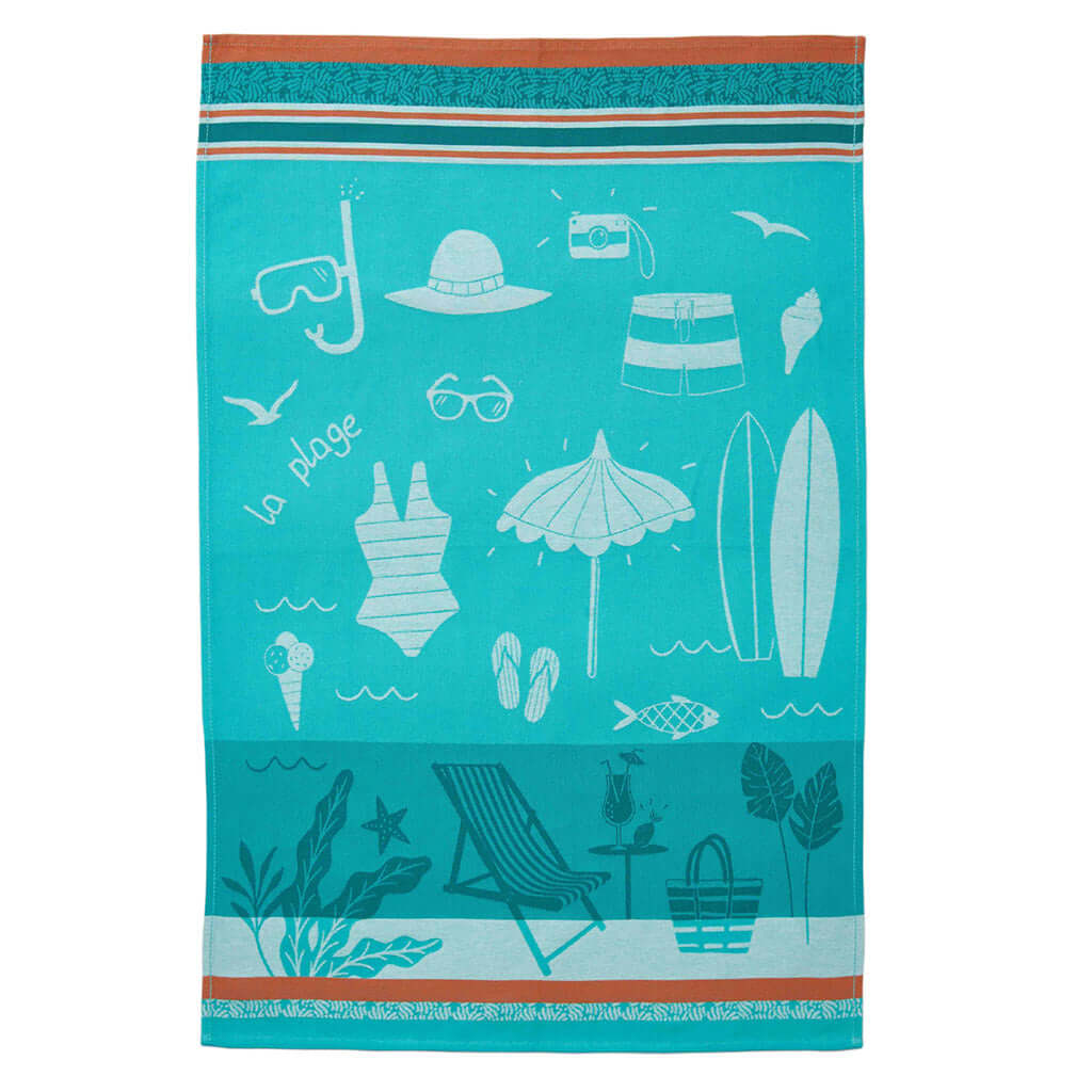 Coucke French Jacquard Cotton Dish Towel - At the Beach (A la Plage) - Premium Kitchen & Bath Towel for Coastal Decor, Beach House Essentials