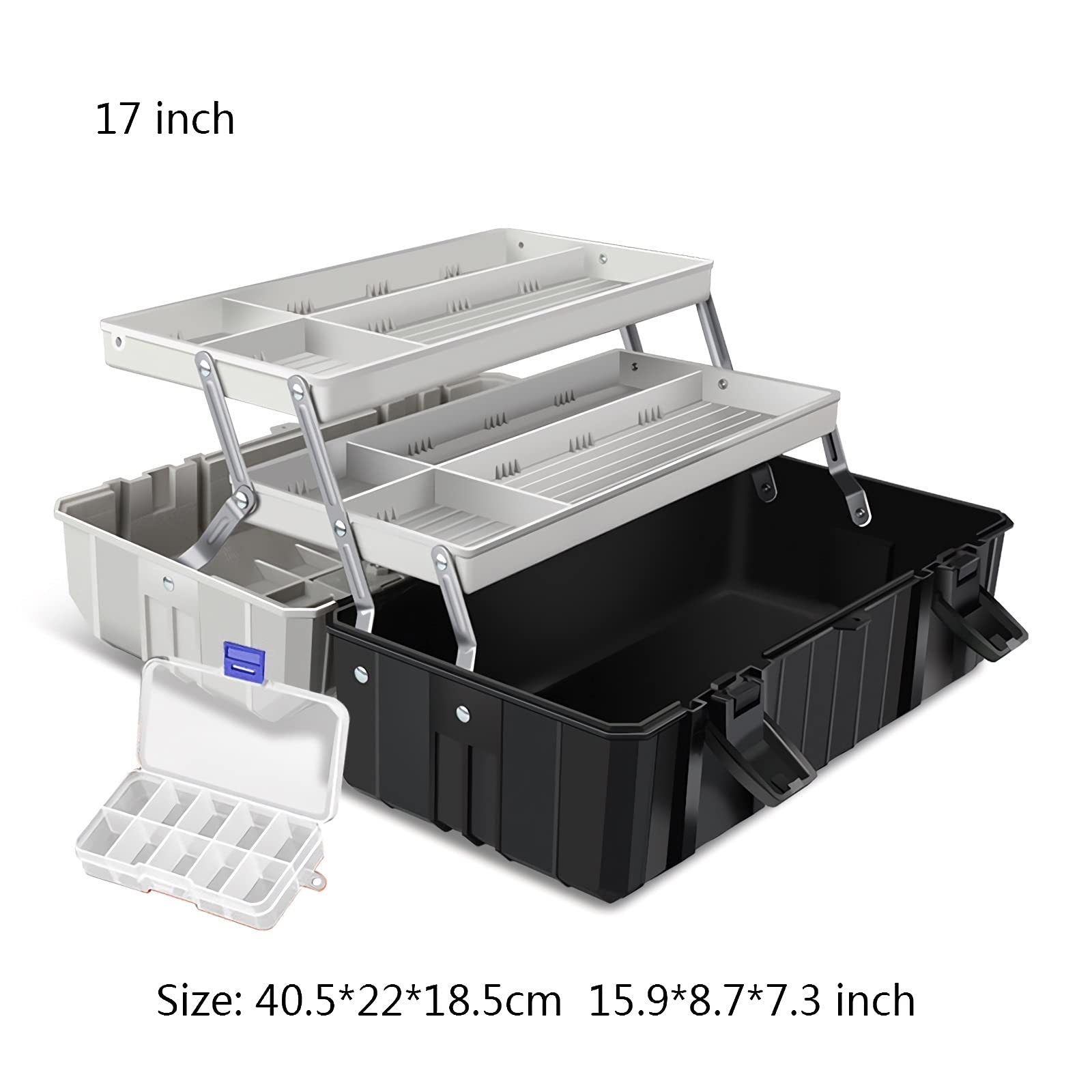 3-Layer Folding Tray Portable Tool Box - Heavy Duty Plastic Tool Organizer for Electricians & DIY, Multi-Function Hardware Storage Case for Home & Workshop (17 Inch, Black) - Perfect for Small Parts Organization & On-the-Go Repairs