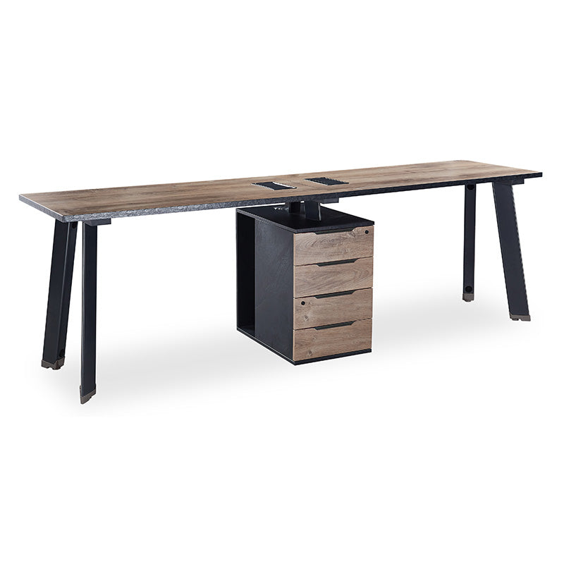2-Person Workstation Desk with Cabinet - 2.4M Warm Oak & Black Finish - Perfect for Home Office & Shared Workspaces