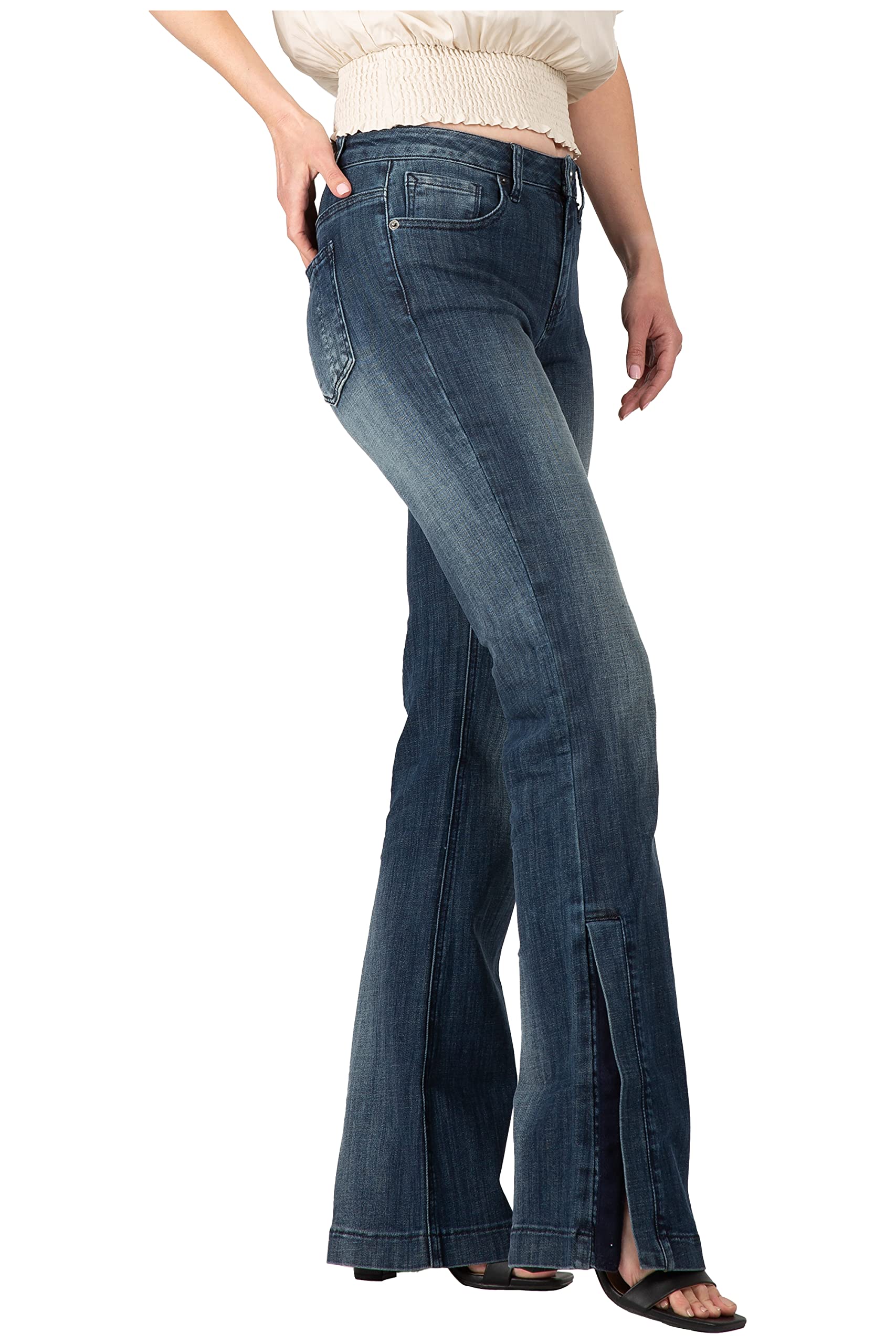Premium Women's Blue Denim Whisker Wash Raw Edge Flare Jeans - High-Quality Stretch Denim Pants for Casual Wear & Everyday Fashion