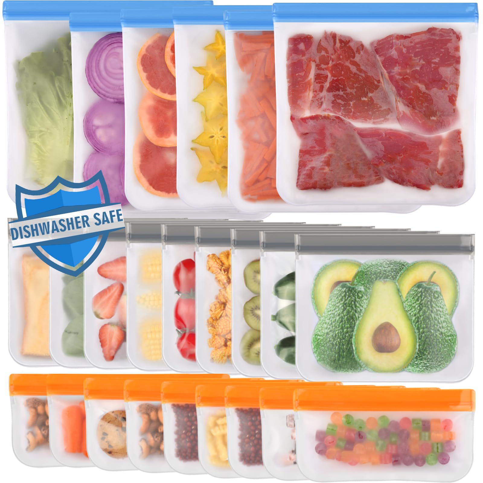 Lerine 24 Pack Reusable Silicone Food Storage Bags - Dishwasher Safe, Extra Thick & Leakproof Freezer Bags, BPA Free for Lunch, Meat, Veggies (6 Gallon, 9 Snack, 9 Sandwich) - Perfect for Meal Prep, Freezing & On-the-Go Snacks