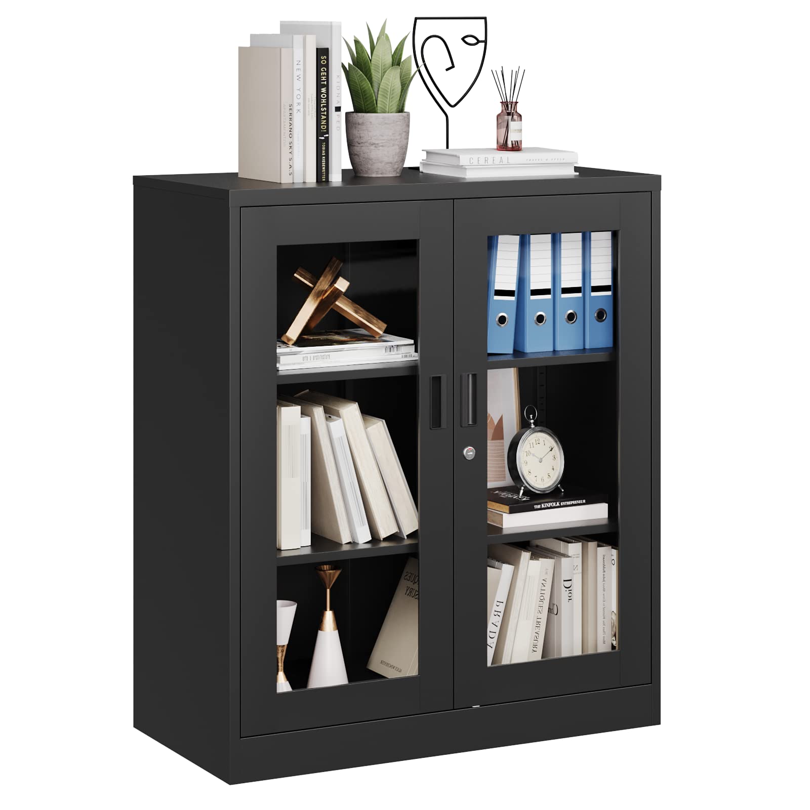 MIIIKO Metal Storage Cabinet with Glass Doors - Counter Height Display Cabinet with 2 Adjustable Shelves, Tempered Glass & Locking Mechanism - Perfect for Kitchen, Office, or Retail Store Display