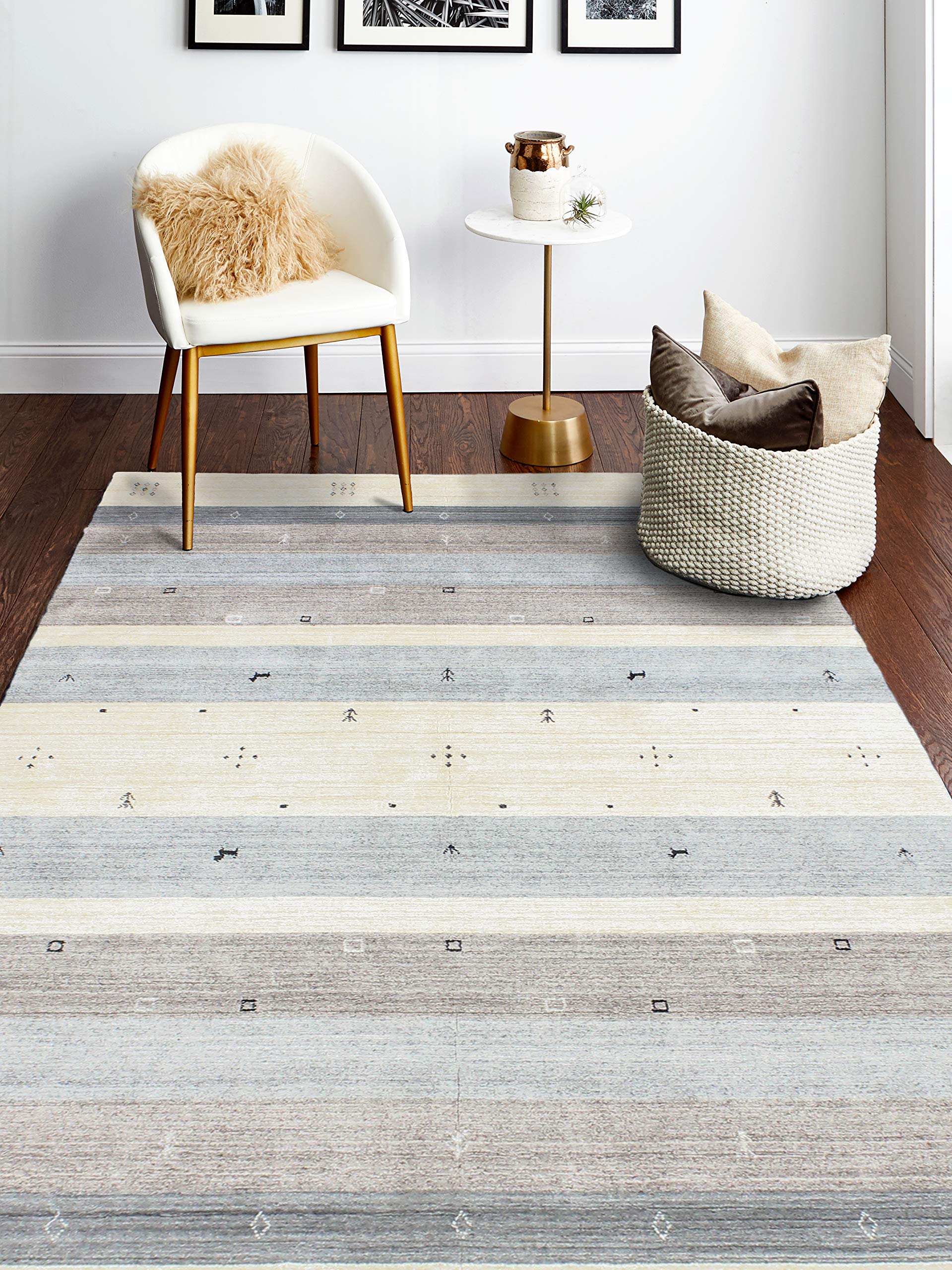 Bashian Collection Handmade Wool & Viscose Area Rug - 2.6’x8’ Ivory Grey Luxury Runner Rug for Entryway, Living Room, Bedroom - Soft Non-Slip Floor Decor for Home & Office
