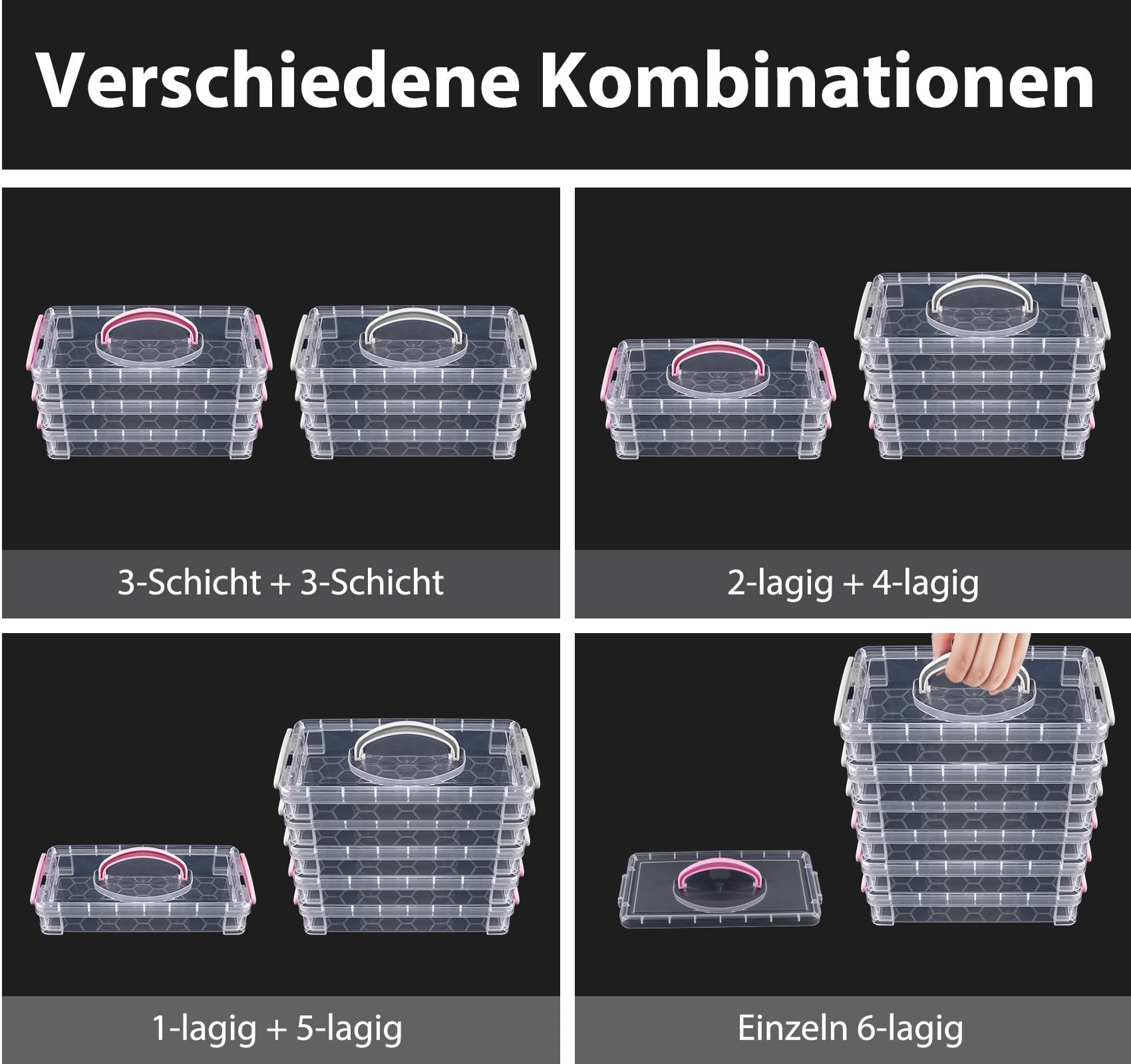 Clear Plastic Storage Bins with Lids - 2 Pack, 3-Tier Stackable Organizer Containers with Handles for Home, Office, Craft Supplies (Pink & Grey) | Perfect for Pantry, Closet, Bathroom & Kids' Toy Organization