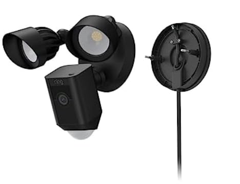 Ring Floodlight Cam Plus with Plug-In Mount - 1080p HD Outdoor Security Camera with Color Night Vision, Two-Way Talk, Siren & Alexa Compatibility | Motion Detection Alerts | Weatherproof for Home & Business Protection (Black) - Perfect for Driveway, Backyard & Perimeter Security Monitoring
