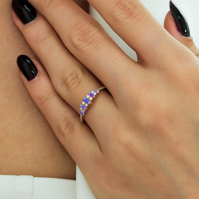 Lavender Baguette Fire Opal Gemstone Ring - 925 Sterling Silver Adjustable Size for Women, Perfect for Wedding, Anniversary & Everyday Elegant Jewelry Gift