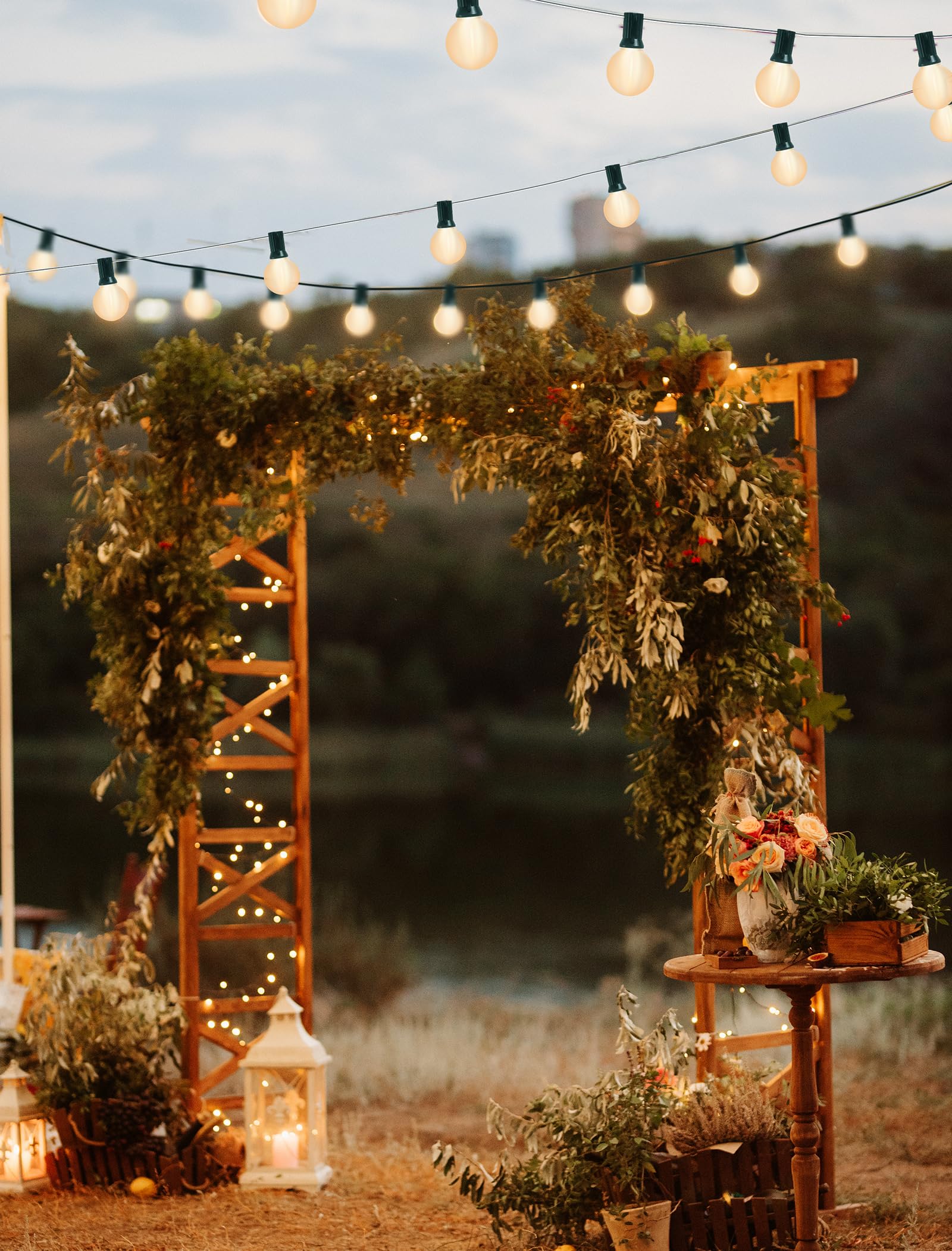 25FT G40 LED Frosted Outdoor String Lights - 27 Shatterproof Edison Bulbs (2 Spare) - Warm White Decorative Lighting for Bedroom, Bistro, Café, Wedding & Garden Party - Green Wire Weatherproof Patio Lights