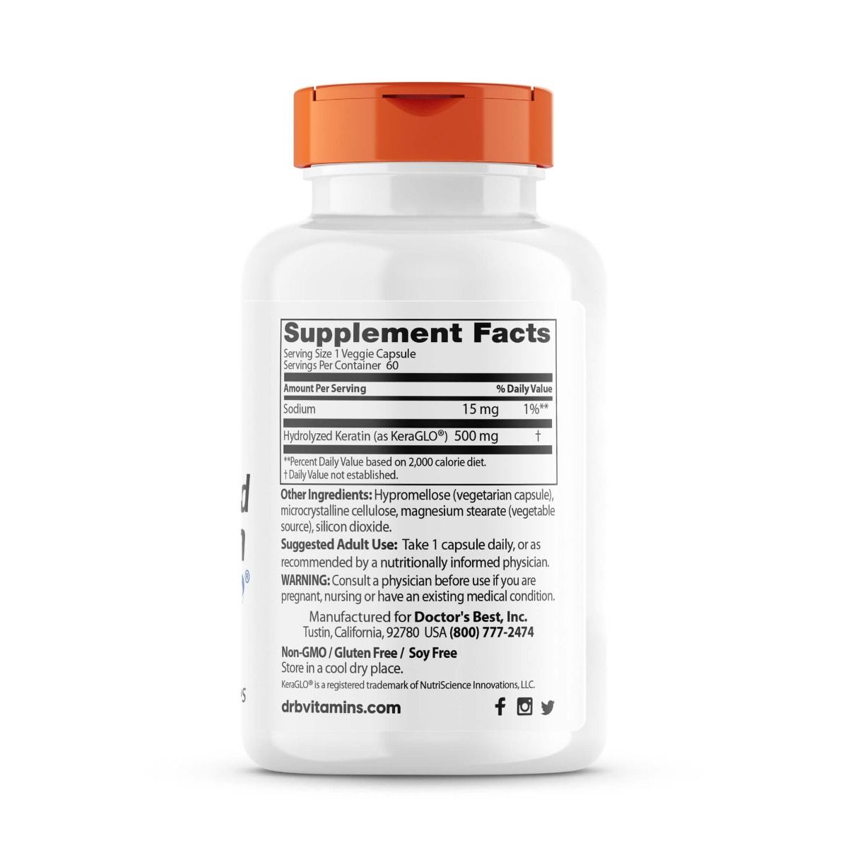 Doctor's Best Hydrolyzed Keratin 500mg - 60 Vegetarian Capsules for Hair, Skin & Nails Support - Promotes Healthy Growth & Strength - Perfect for Daily Beauty Supplement Routine