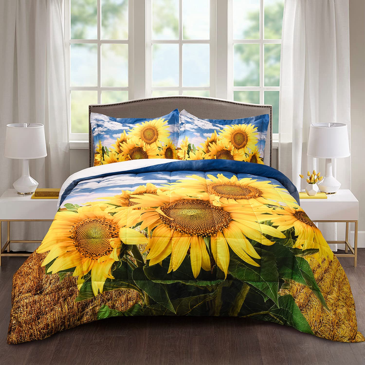 **3D Printed Sunflower Comforter Set Twin Size - 2 Piece Lightweight Bedding with Down Alternative Filling, Pastoral Box Stitched Quilted Duvet Cover for Bedroom Decor (LQ-17) - Perfect for Farmhouse, Boho, or Spring Themed Bedrooms**