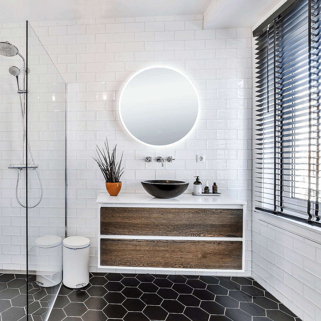 Premium Onyx Round Frameless LED Bathroom Mirror with Defogger - Touch Control & Adjustable Lighting (12
