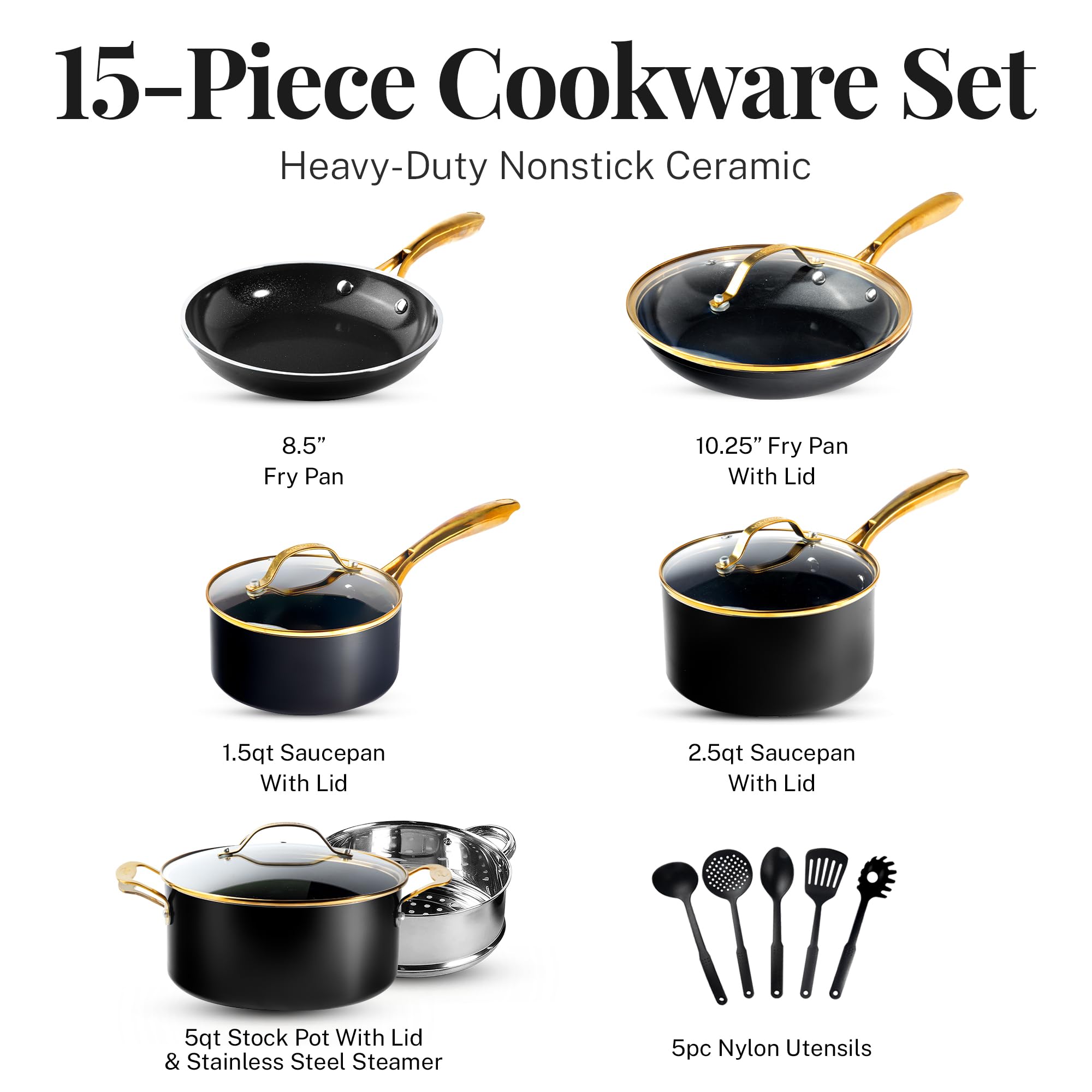 Gotham Steel 15-Piece Ceramic Non-Stick Cookware Set - Pots & Pans Kitchen Collection | Black Gold | Dishwasher Safe & PFOA-Free | Perfect for Frying, Baking & Everyday Cooking