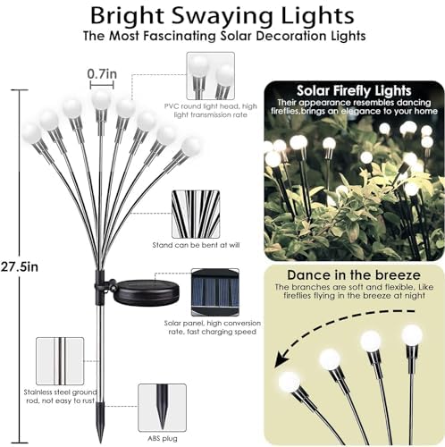 OZS 12-Pack 96LED Solar Garden Lights - Waterproof Solar Firefly & Swaying Fairy Lights for Outdoor Pathway, Yard, and Patio Decoration (Cool White) | Wind-Activated Dancing Lights for Garden, Lawn, and Landscape Lighting
