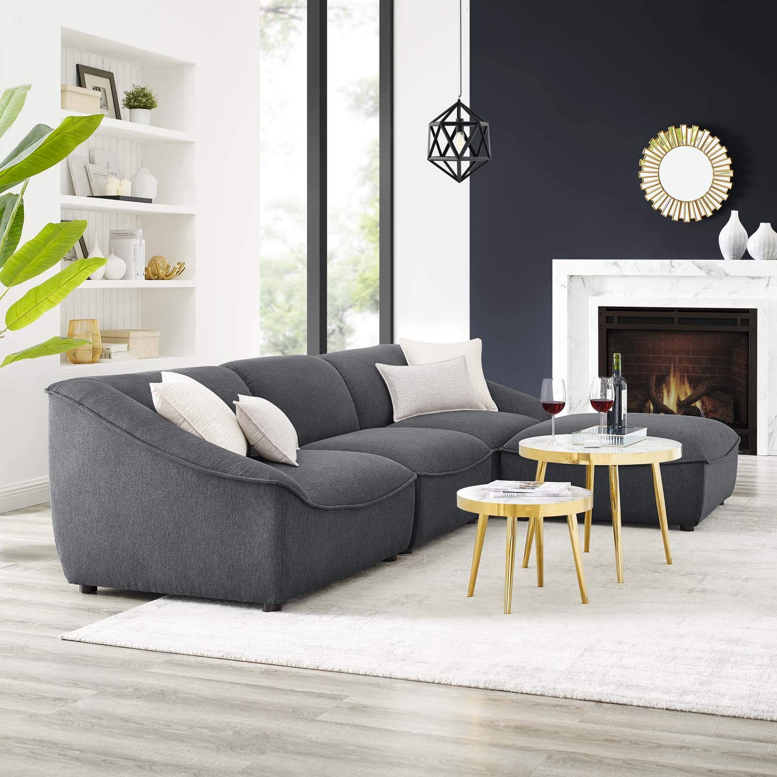 Modway Comprise 4-Piece Fabric Upholstered Sectional Sofa with Chaise Lounge - Charcoal Gray - Modern Living Room Furniture for Small Spaces & Apartments