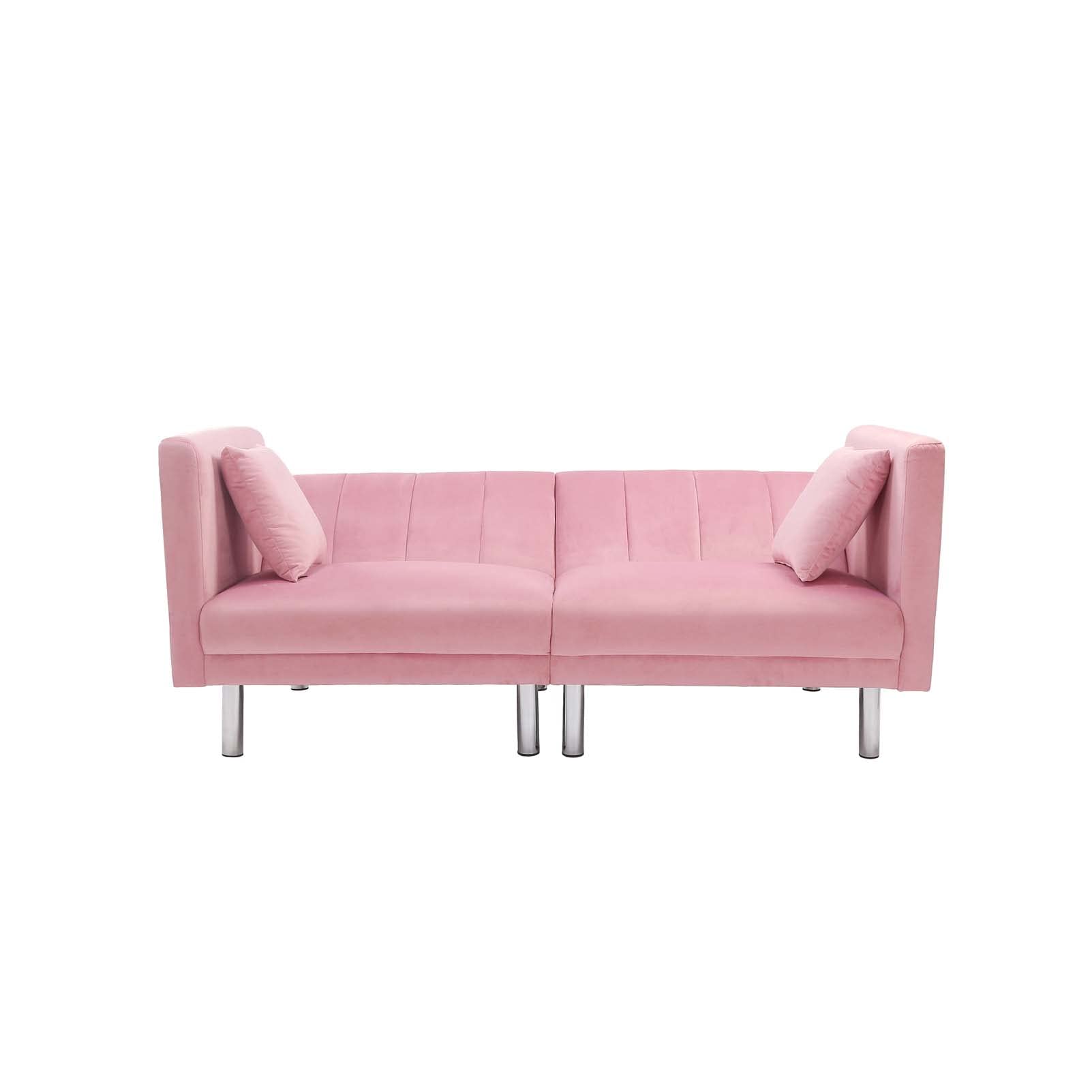 Velvet Convertible Futon Sofa Bed - Modern Upholstered Sleeper Loveseat with 2 Pillows & 8 Sturdy Legs | Space-Saving Folding Design for Small Apartments, Studios, Offices | Perfect for Guest Rooms, Dormitories & Home Theaters (Pink)