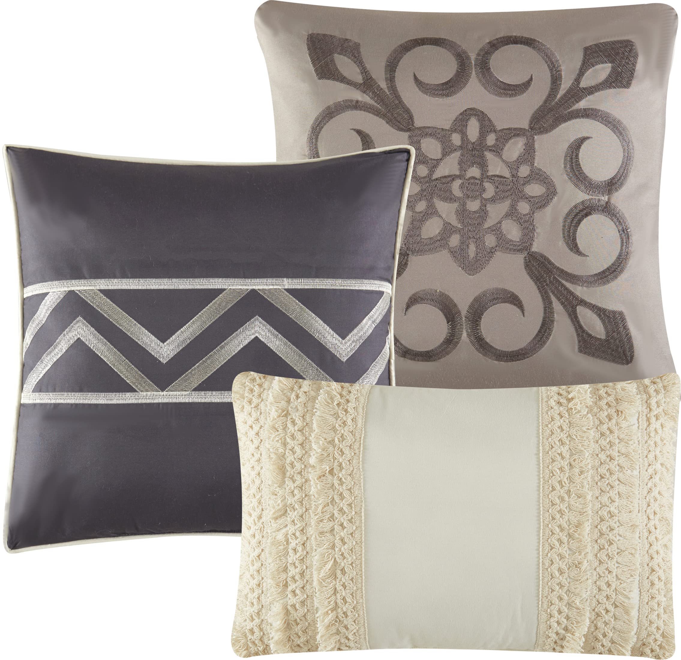 Boho Geometric Queen Bed Set - 7 Piece Comforter Set with Beige/Ivory Print & Terry Embroidery | Premium Lightweight Microfiber Bedding | Perfect for Bohemian Bedroom Decor & Guest Room Styling