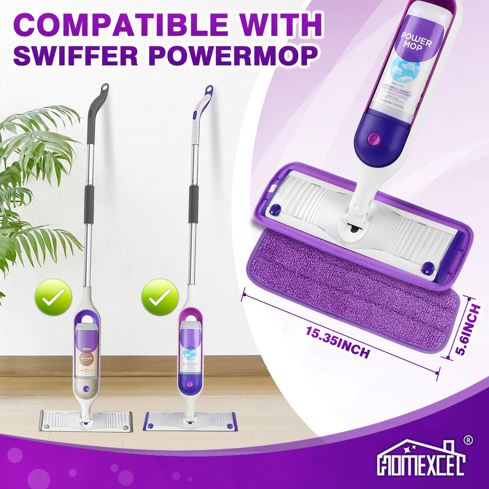 HOMEXCEL Reusable Microfiber Mop Pads for Swiffer PowerMop - 13''-15'' Machine Washable Mop Pad Refills for Hardwood, Tile & Laminate Floors - Pack of 4 - Perfect for Kitchen, Bathroom & Pet Hair Cleaning