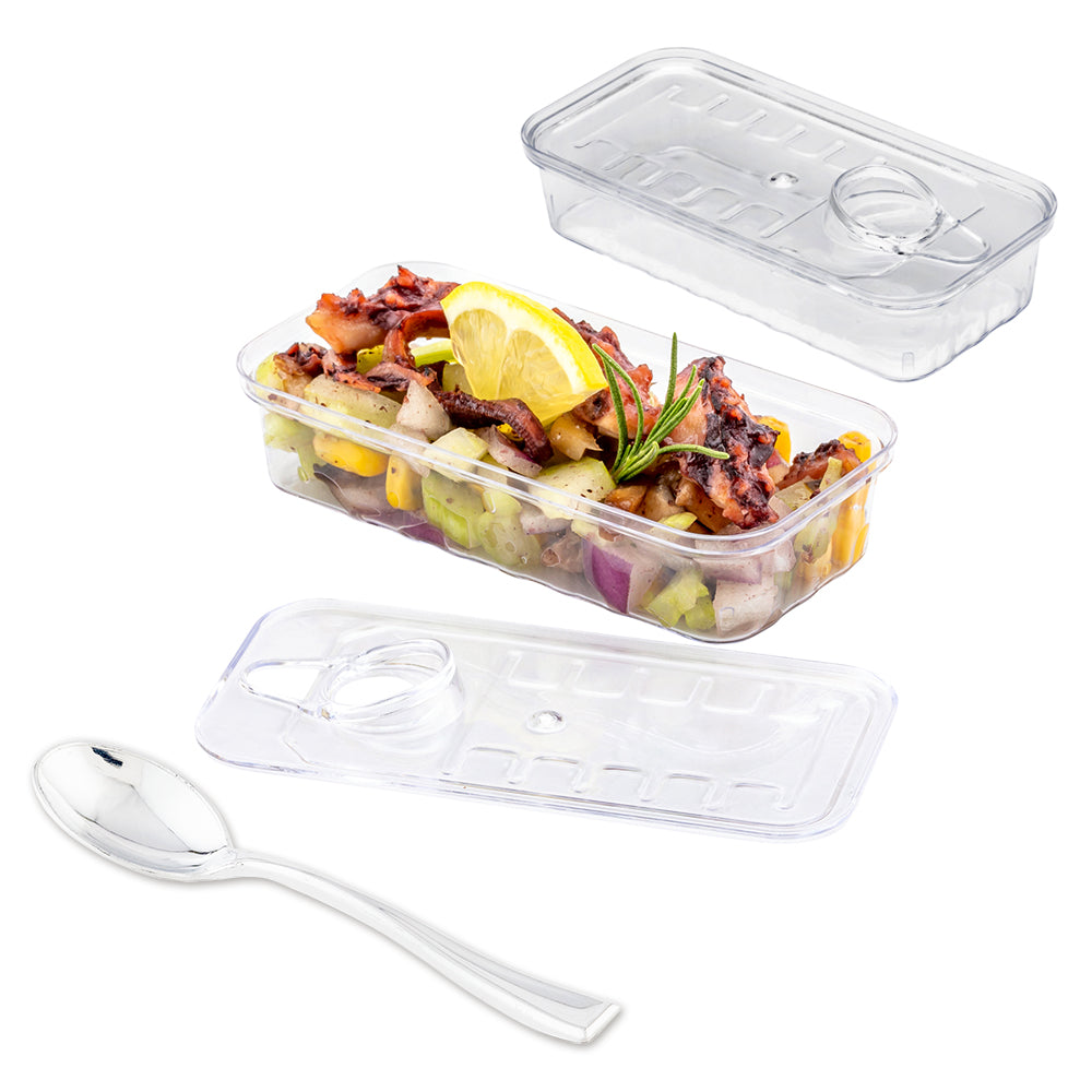 100 Pack 2 oz Rectangle Clear Plastic Tin Cans with 100 Silver Mini Plastic Spoons - Perfect for Party Favors, Wedding Candies, DIY Crafts & Small Gift Packaging
