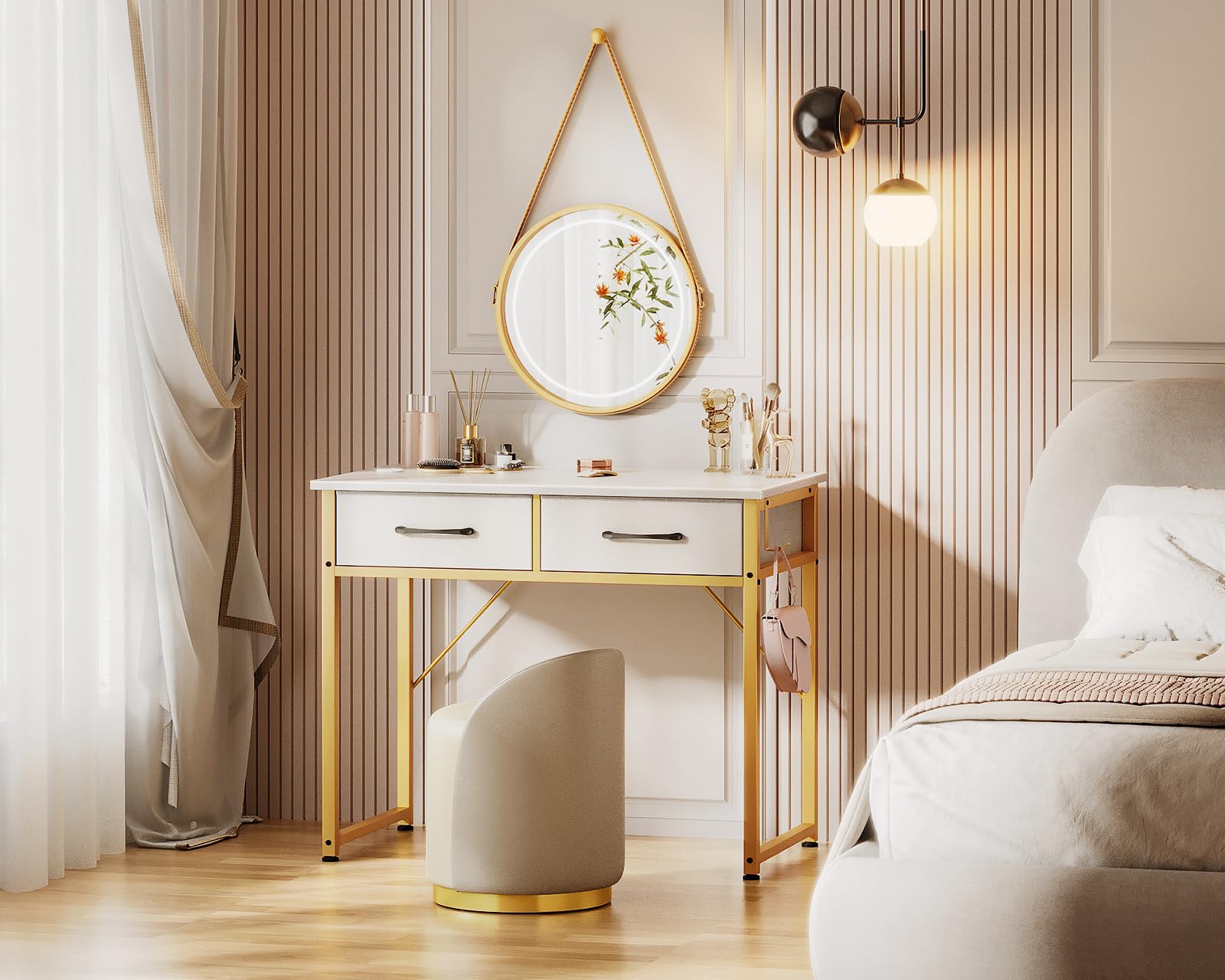 ODK 32 Inch White and Gold Makeup Vanity Desk with 2 Fabric Drawers & Versatile Hook, Small Dressing Table for Bedroom, Girls Makeup Desk Without Mirror - Perfect for Small Spaces, Apartment Living & Beauty Routines
