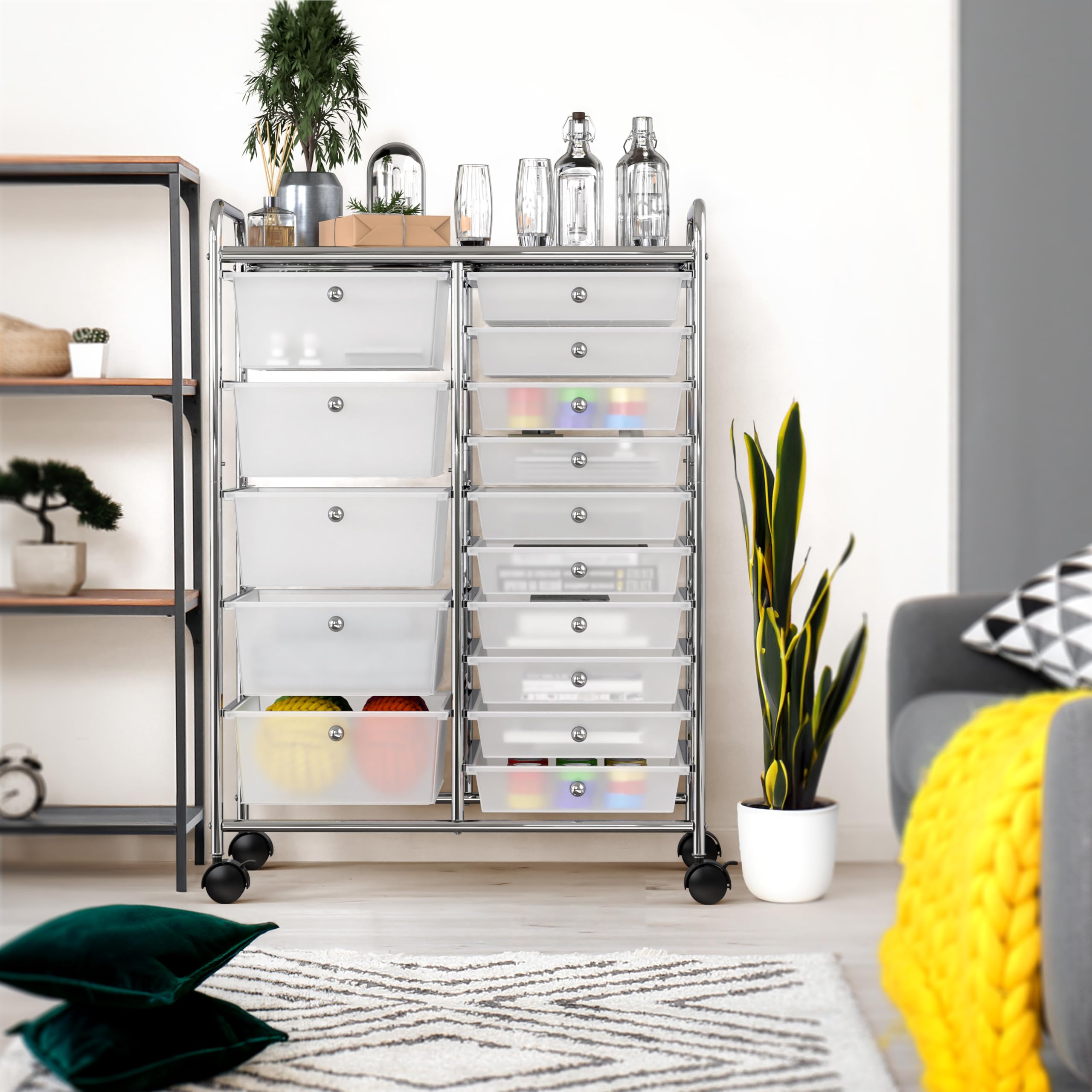 15-Drawer Rolling Utility Cart - Chrome Mobile Storage Organizer for Art, Craft & Houseware Supplies | Perfect for Craft Rooms, Workshops & Home Organization