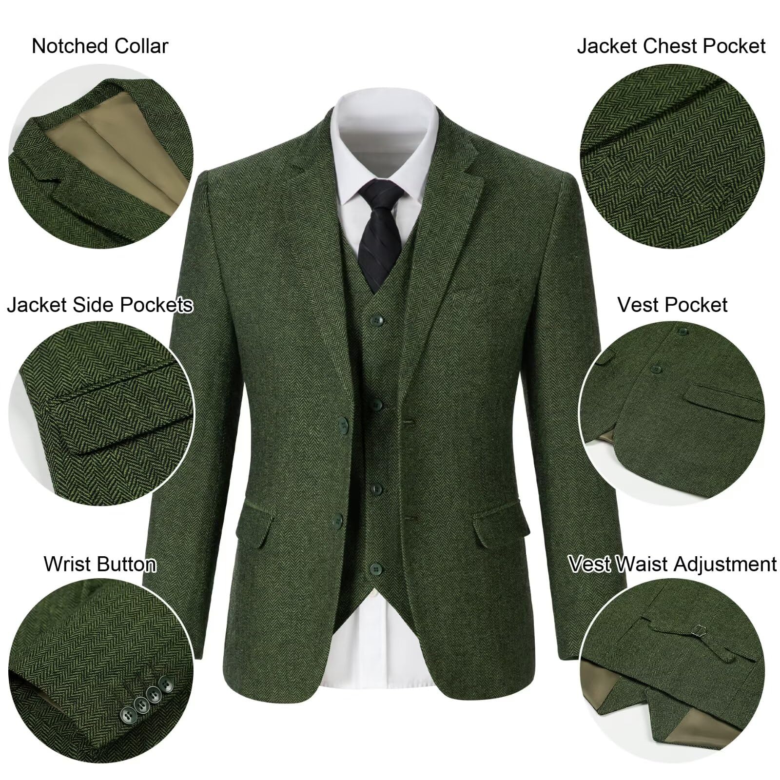 Retro Tweed 3-Piece Men's Suit Slim Fit Herringbone Wedding Tuxedo Set - Groom Blazer Jacket, Vest & Pants for Prom, Business & Formal Occasions