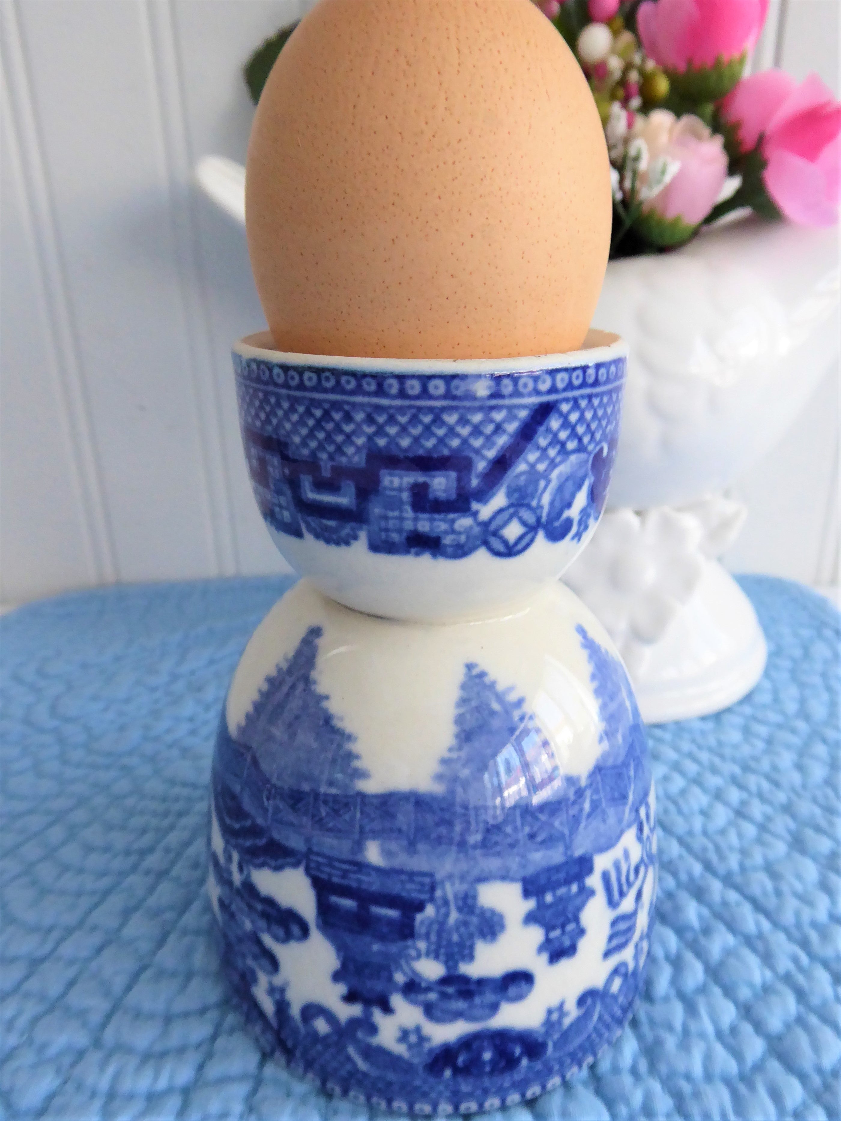 Vintage Blue Willow Egg Cup Set - Double Egg Holder with Classic Blue & White Transferware Design, Birds & Pagoda Bridge Motif (1930s Antique) - Perfect for Breakfast, Tea Parties & Collectible Display