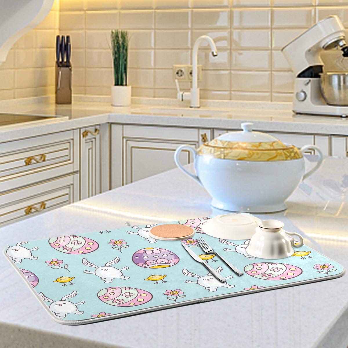 Easter Egg Dish Drying Mat - Rabbit Design Microfiber Kitchen Mat, Super Absorbent & Reversible, 18x24 Inch - Perfect for Easter Decor, Kitchen Countertop & Drying Dishes