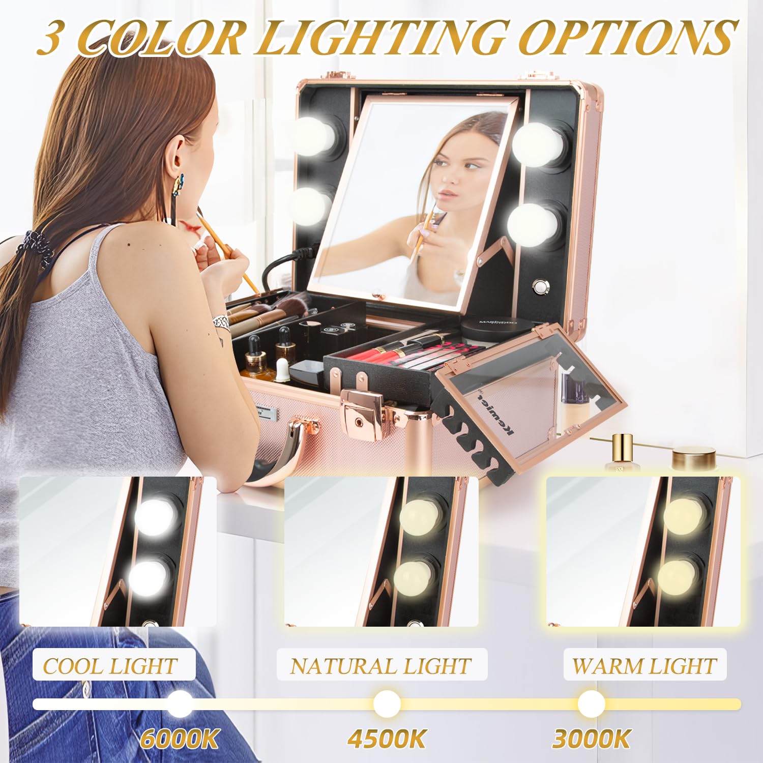 Kemier Professional Makeup Train Case with LED Lights & Mirror - Large Cosmetic Organizer Box with Custom Dividers, Rose Gold Makeup Artist Kit for Travel & Salon Use