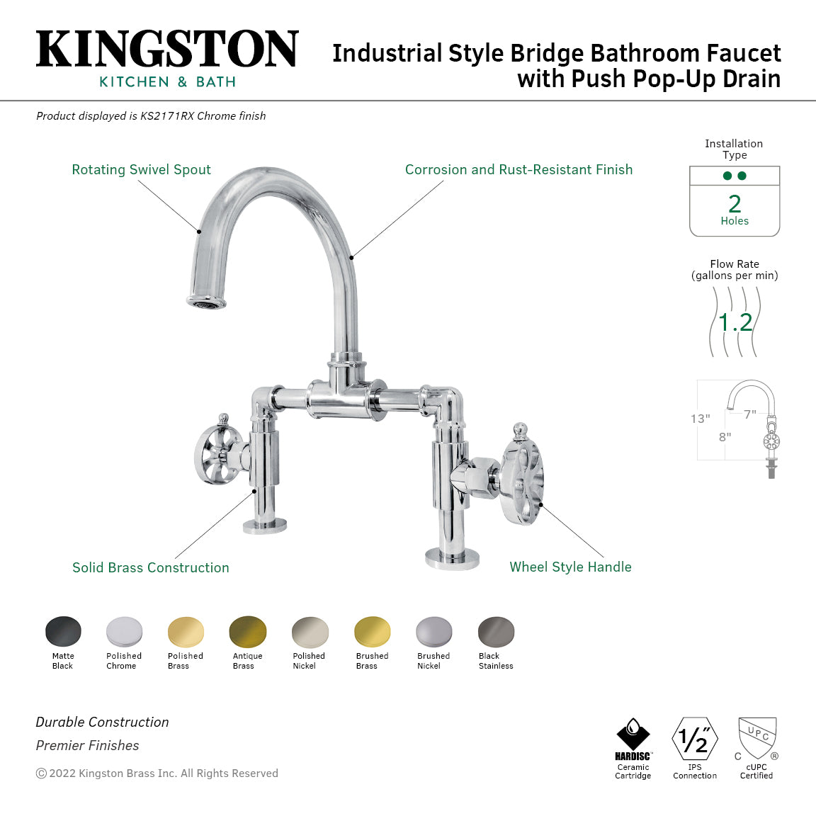 Belknap KS2173RX Two Handle 2 Hole Deck Mount Bridge Bathroom Faucet with Push Pop Up Drain in Antique Brass - Perfect for Vintage Style Bathrooms and Powder Rooms