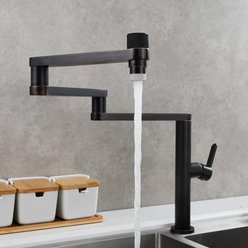 SOKNARKU Solid Brass Deck Mounted Folding Faucet - Hot & Cold Water Mixing Double Handle Rotary Kitchen Sink Faucet - Oil Rubbed Bronze Finish - 3-Fold Design for Space Saving - Perfect for Small Kitchens, RVs, and Outdoor Sinks