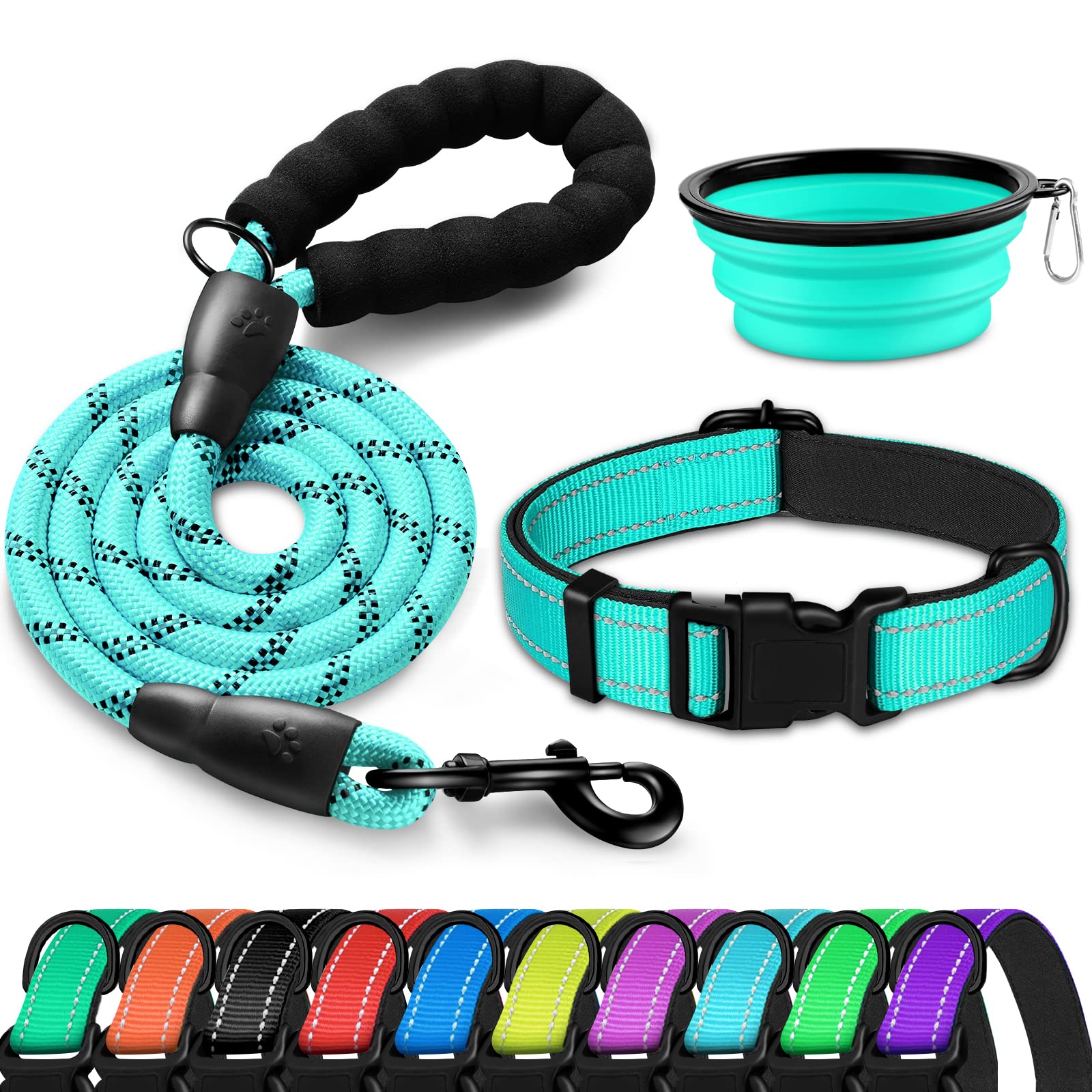 DOYOO Soft Neoprene Padded Reflective Adjustable Dog Collar and Leash Set with Quick Release Buckle - Nylon Pet Collar for Small Medium Large Dogs - Includes Collapsible Travel Bowl for Walking, Hiking & Outdoor Adventures