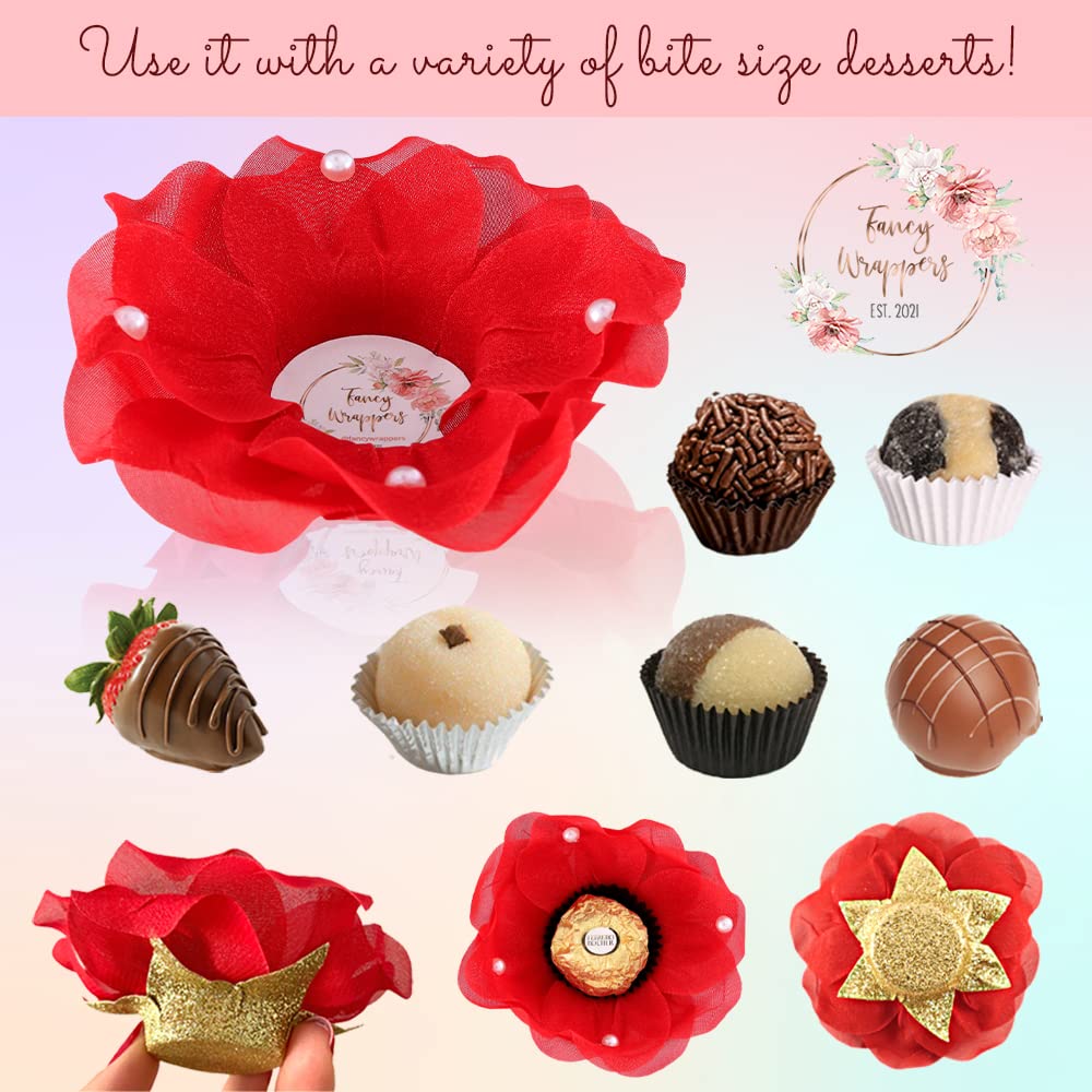 24 Elegant Fabric Flower Truffle Wrappers with Pearl Accents | Mini Cupcake Liners for Wedding Favors | Chocolate Covered Strawberry Supplies | Strawberry Shaped Liners for Desserts | Brigadeiro Molds | Perfect for Weddings, Baby Showers & Party Decorations