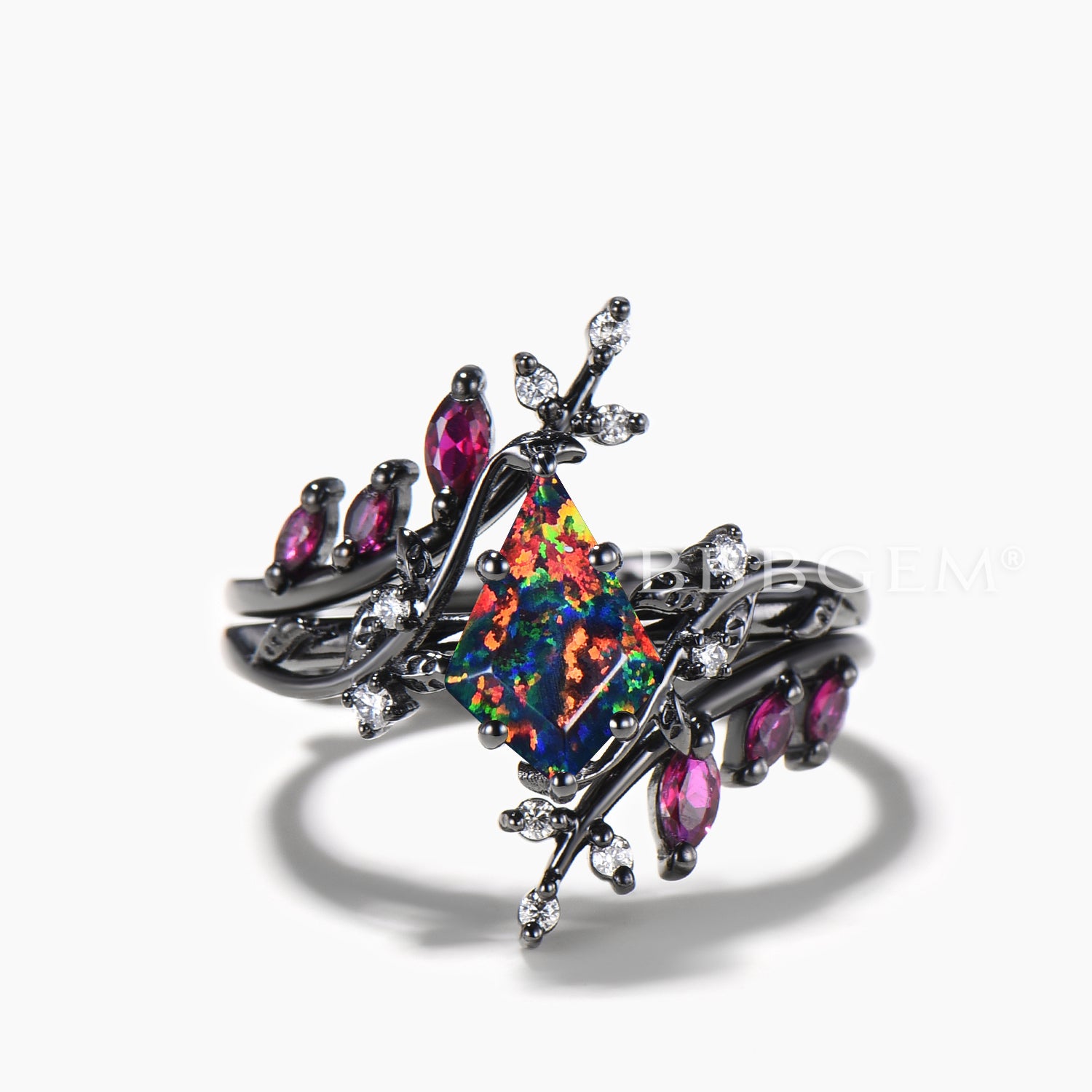 Twig Black Gold Bridal Set - Kite Cut Black Opal Leaf Engagement Ring with Ruby Band - Perfect for Weddings, Anniversaries & Romantic Gifts