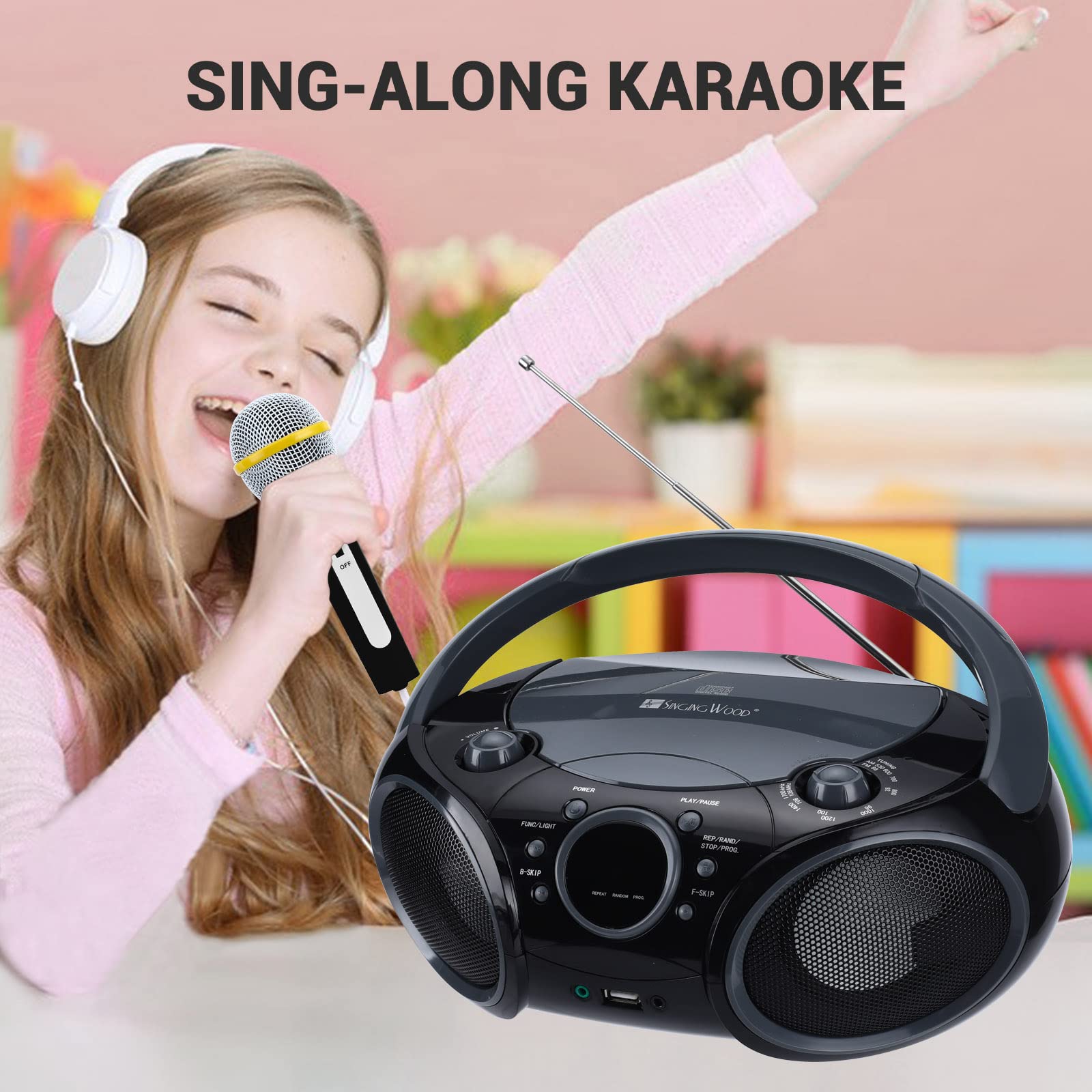 SingingWood NP030AB-GK Portable Bluetooth Karaoke System with CD Player, AM/FM Radio, Headphone Jack - AC/Battery Powered Boombox for Home Parties, Outdoor Gatherings & Travel Entertainment (Black)
