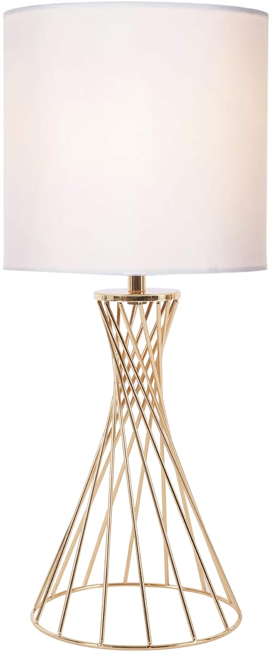 Modern Gold Table Lamp with White Fabric Shade & Geometric Metal Base - Small Cute Desk Lamp for Bedroom Nightstand, Living Room, Kids Room - Perfect for Reading, Study & Cozy Home Decor