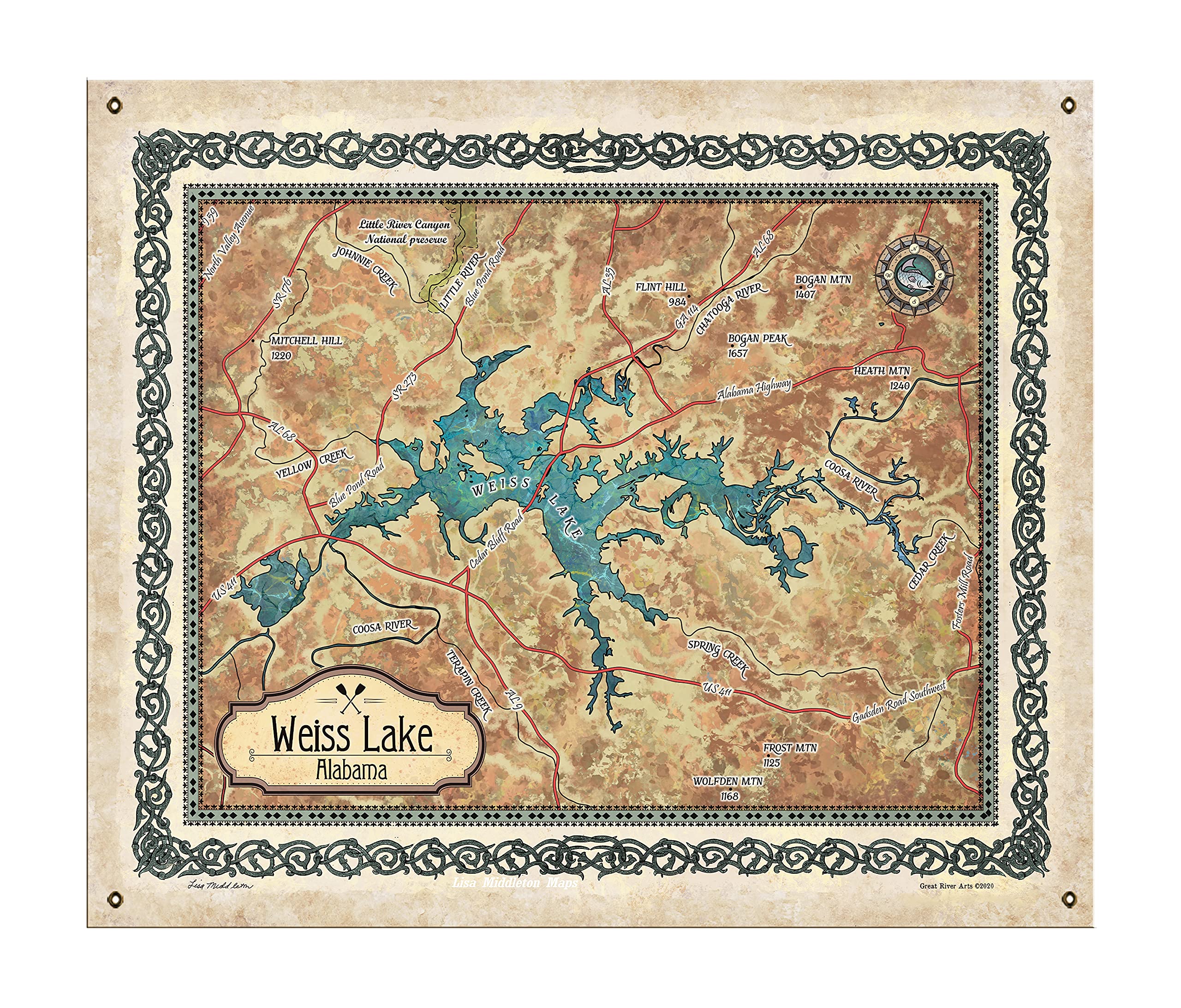 Lake Weiss Alabama Lake Map Art - Wood or Metal Modern Wall Decor for Living Room, Bedroom, Office & Lake House - Vintage Home Decor Gift - Perfect for Coastal, Cabin & Farmhouse Interior Design