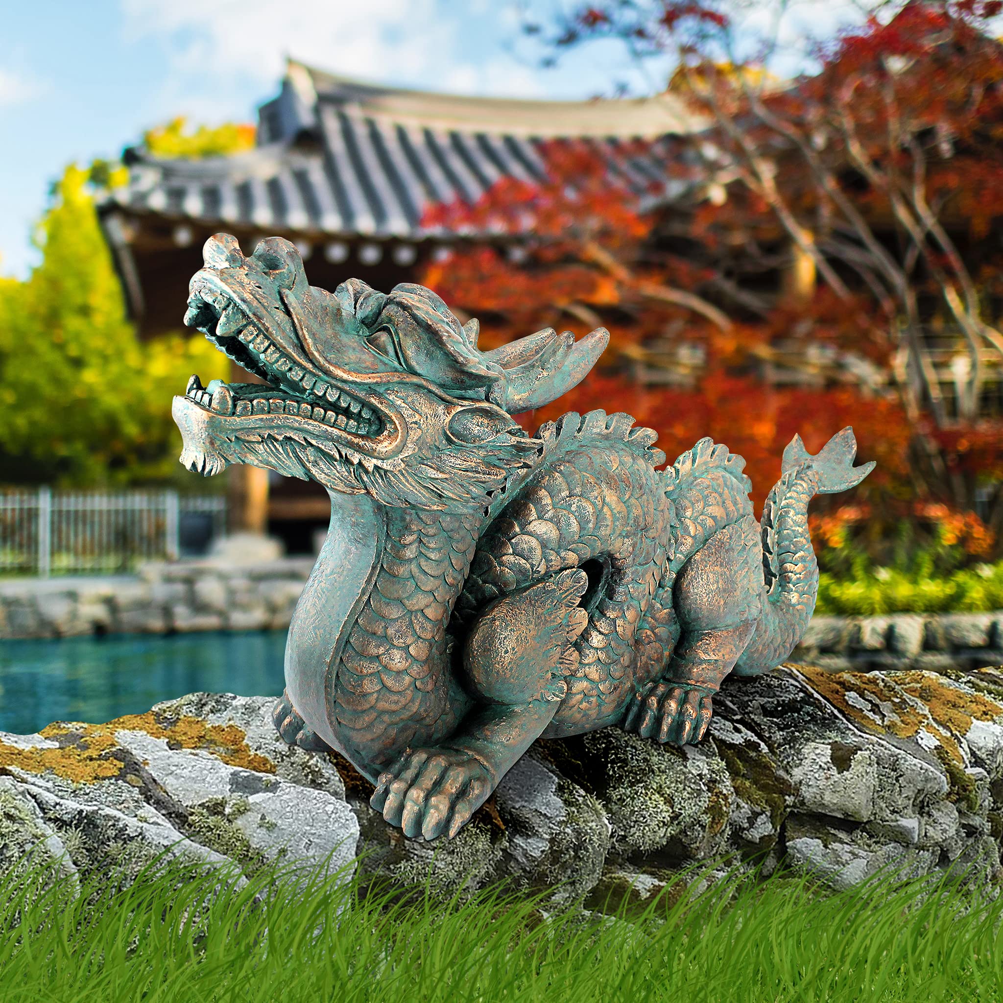 Design Toscano Asian Dragon of the Great Wall Garden Statue - 29 Inch Large Cast Stone Resin Outdoor Decor with Green Bronze Verdigris Finish - Perfect for Asian-Themed Gardens, Patios, and Landscape Design