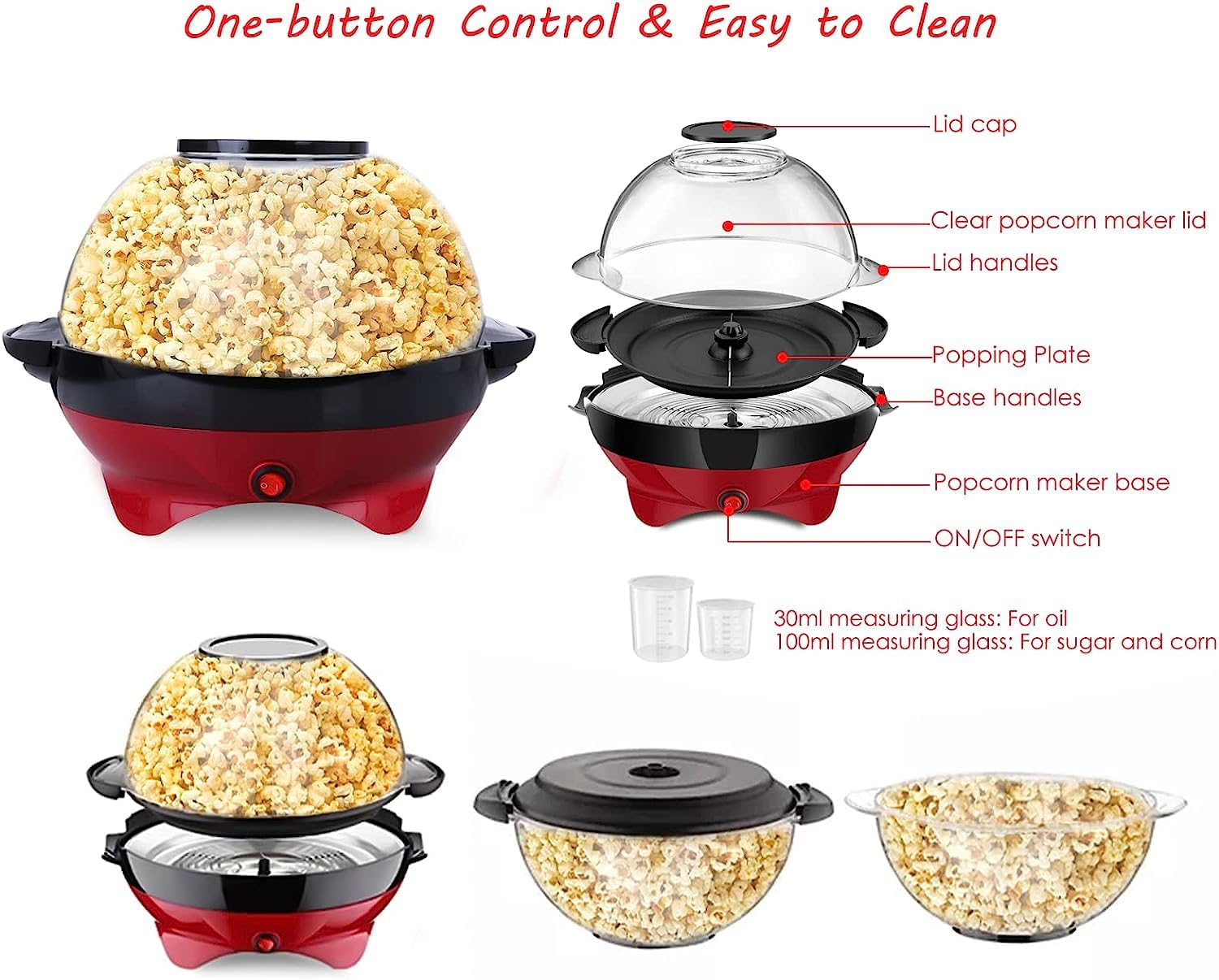 TLGREEN 6 Quart Electric Popcorn Maker Machine - Hot Oil Popcorn Popper with Nonstick Plate, Stirring Rod & Serving Bowl Lid (Makes 24 Cups) - Perfect for Movie Nights, Parties, Carnivals & Home Theater Snacks