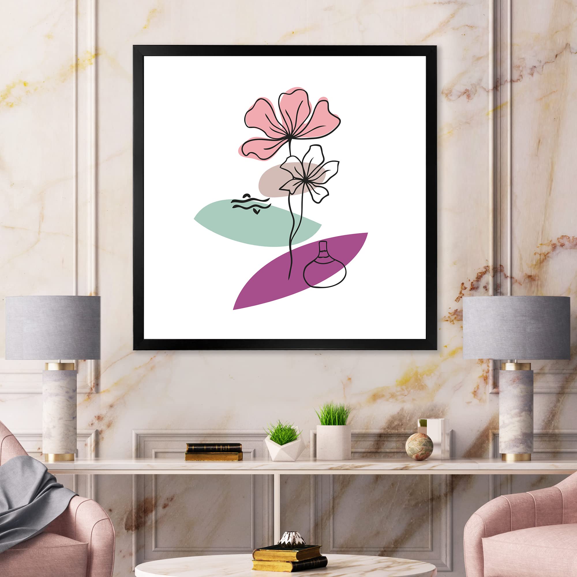 DesignQ Elementary Shapes With Abstract Flowers Plants IV Modern Framed Wall Art - Contemporary Home Decor for Living Room, Bedroom & Office