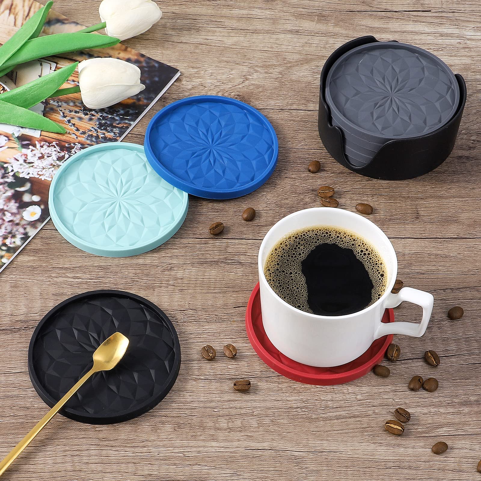 ME.FAN Premium Silicone Coasters Set of 6 with Holder - Non-Slip Drink Coasters for Hot & Cold Beverages - Thickened Cup Mats for Coffee, Wine, Beer & Cocktails - Navy Blue Deep Tray Design for Home, Office & Party Use