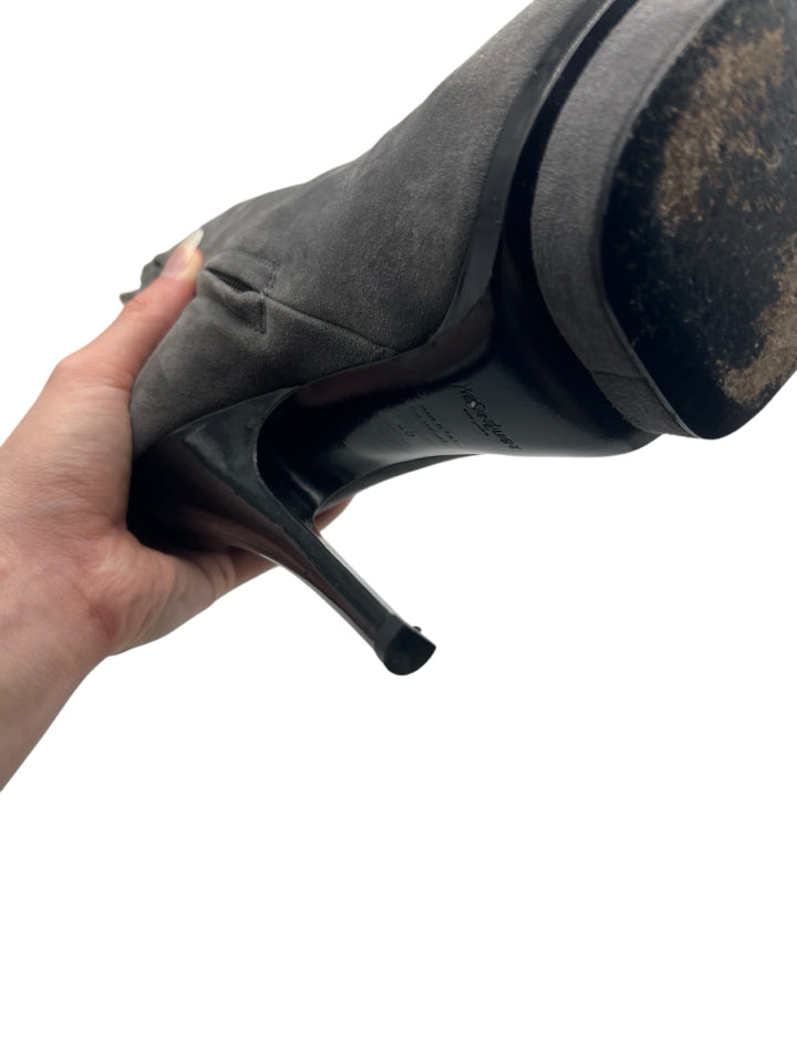YSL Grey Rive Gauche Suede Boots for Women | Size 8 | Stylish Ankle Booties for Fall & Winter | Perfect for Office, Date Night & Casual Outings